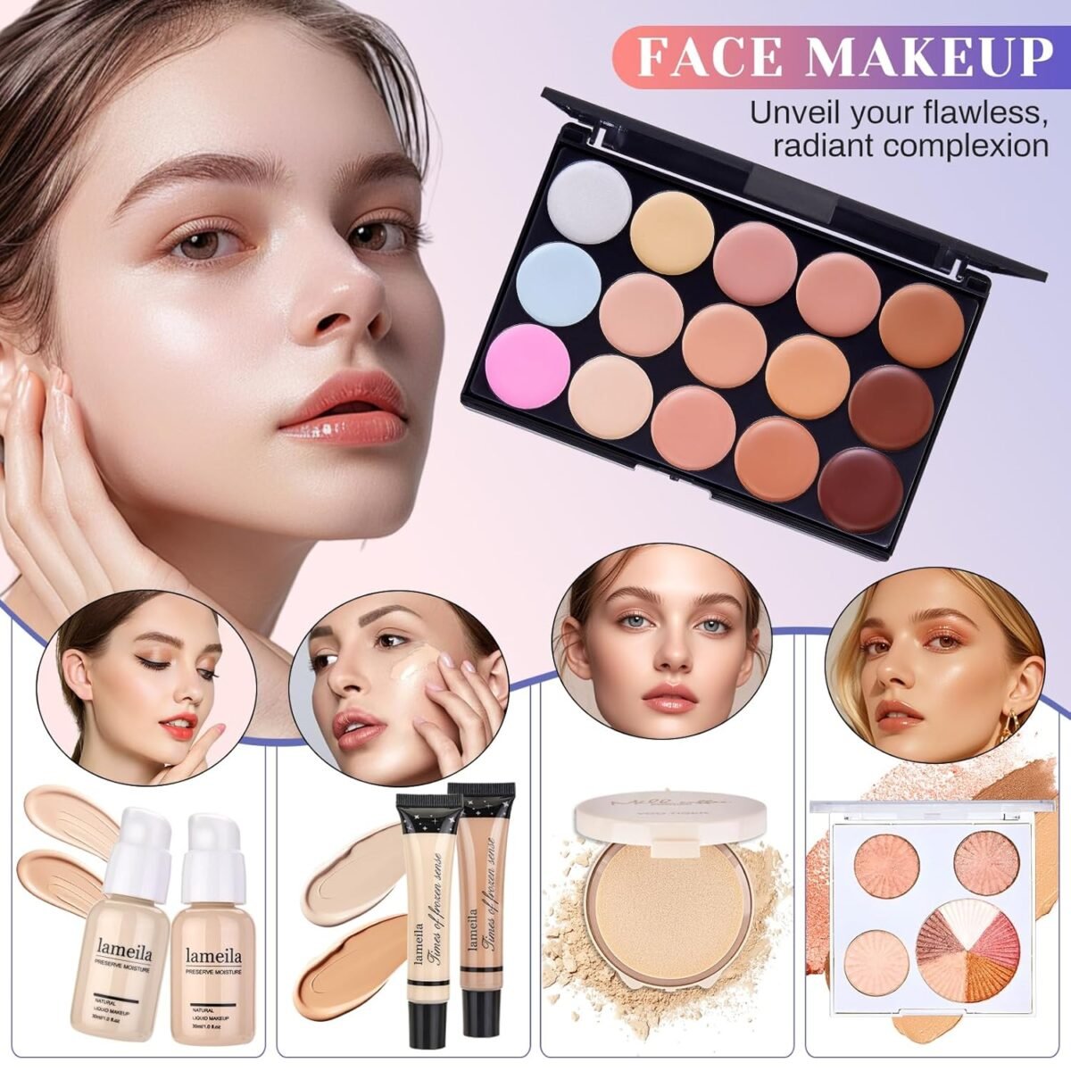 All in One Makeup Kit, Make Up Gift Set for Women, Makeup Kit for Women Full Kit, Includes Foundation Face Primer Eyeshadow Concealer Liquid Blush Lipgloss Eyeliner Mascara Cosmetic Brushes Set - Image 4