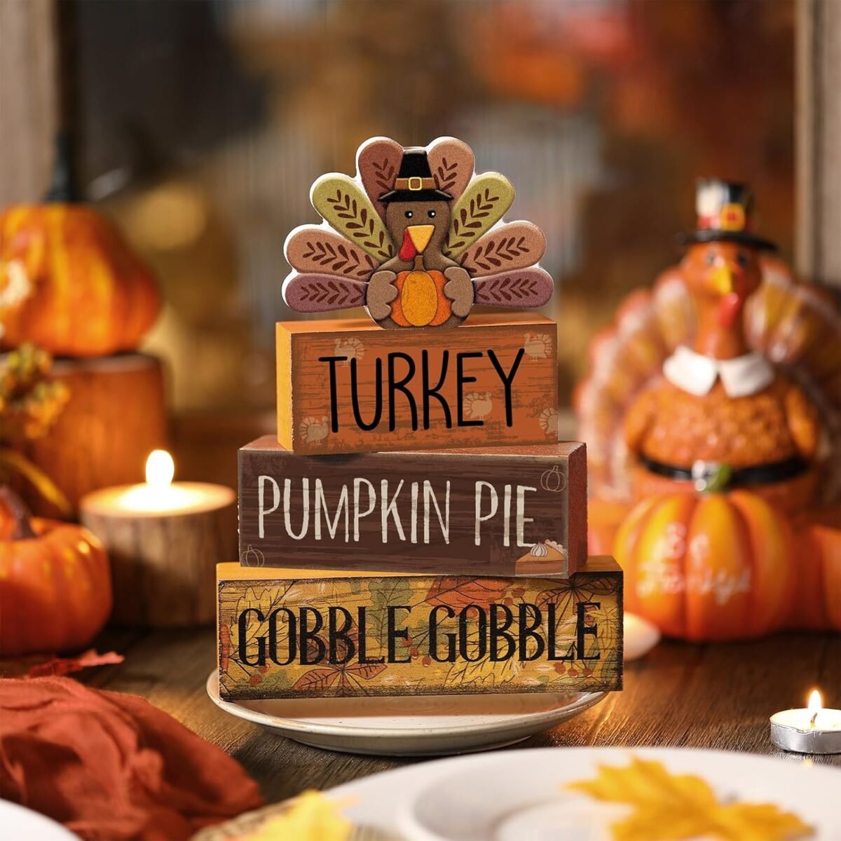 4 Pcs Fall Decorations for Home Thanksgiving Tiered Tray Decor Fall Table Decor Thanksgiving Centerpiece Rustic Wooden Turkey Block Sign for Autumn Harvest Party Table Kitchen Shelf - Image 3