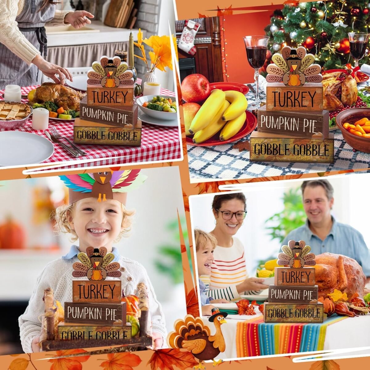 4 Pcs Fall Decorations for Home Thanksgiving Tiered Tray Decor Fall Table Decor Thanksgiving Centerpiece Rustic Wooden Turkey Block Sign for Autumn Harvest Party Table Kitchen Shelf - Image 5