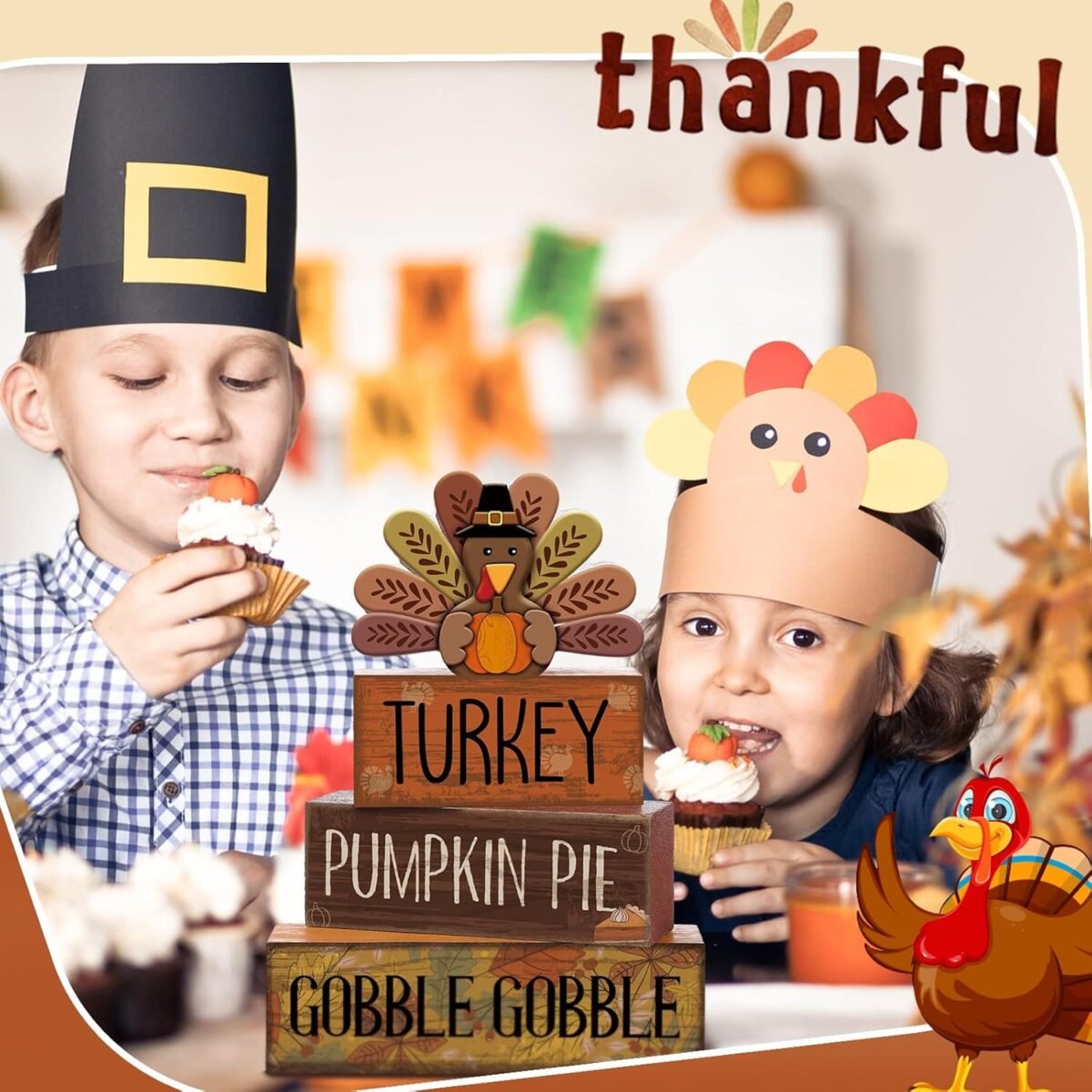 4 Pcs Fall Decorations for Home Thanksgiving Tiered Tray Decor Fall Table Decor Thanksgiving Centerpiece Rustic Wooden Turkey Block Sign for Autumn Harvest Party Table Kitchen Shelf - Image 6