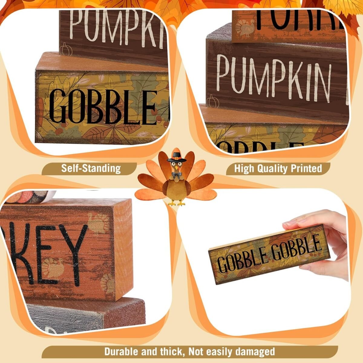 4 Pcs Fall Decorations for Home Thanksgiving Tiered Tray Decor Fall Table Decor Thanksgiving Centerpiece Rustic Wooden Turkey Block Sign for Autumn Harvest Party Table Kitchen Shelf - Image 7