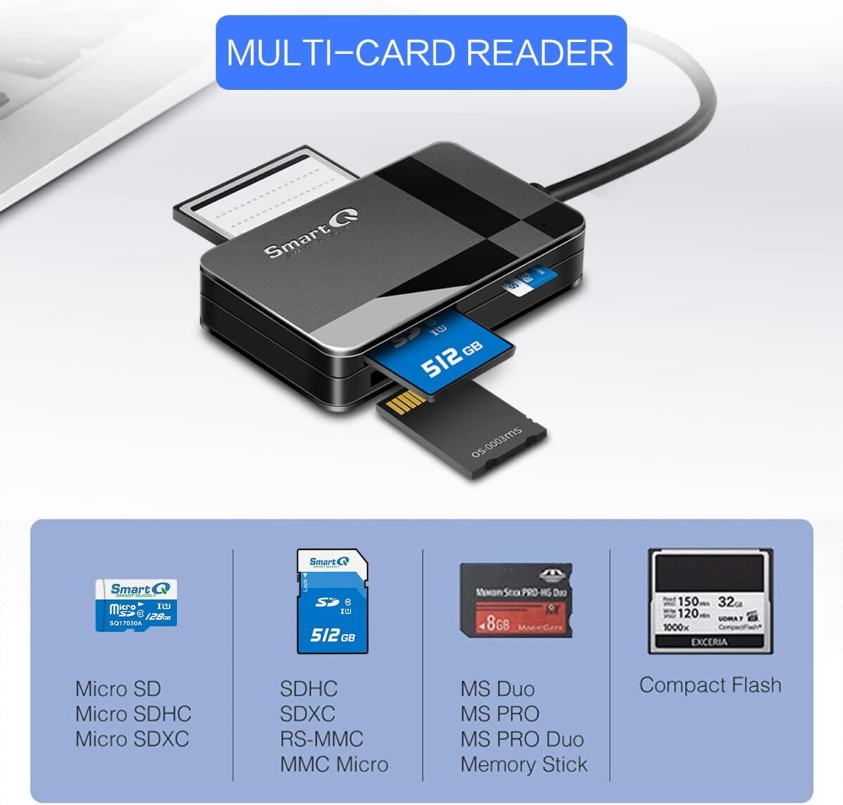 SmartQ C368 USB 3.0 Card Reader - Plug & Play, Compatible with Apple & Windows, Supports SD, Micro SD, MS, CF Cards - Image 3