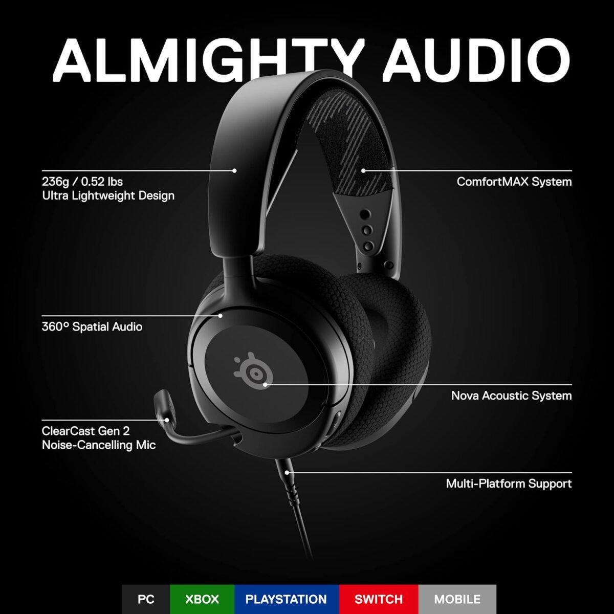 SteelSeries Arctis Nova 1 Multi-System Gaming Headset — Hi-Fi Drivers — 360° Spatial Audio — Comfort Design — Durable — Ultra Lightweight — Noise-Cancelling Mic — PC, PS5/PS4, Switch, Xbox - Black - Image 3