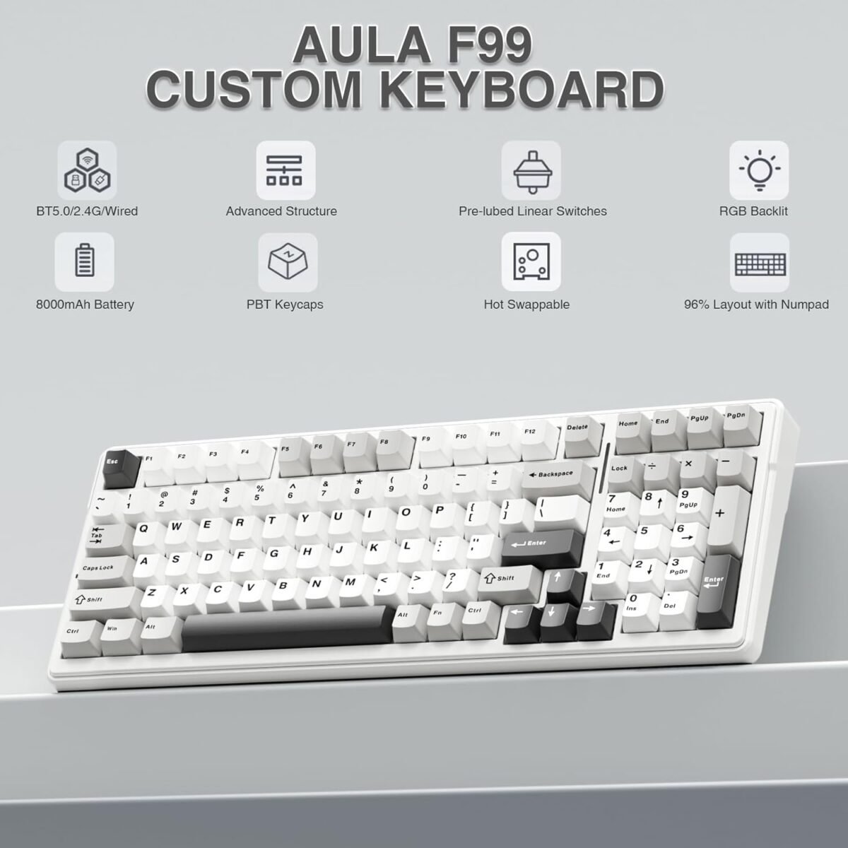 AULA F99 Wireless Mechanical Keyboard,Tri-Mode BT5.0/2.4GHz/USB-C Hot Swappable Custom Keyboard,Pre-lubed Linear Switches,RGB Backlit Computer Gaming Keyboards for PC/Tablet/PS/Xbox - Image 3