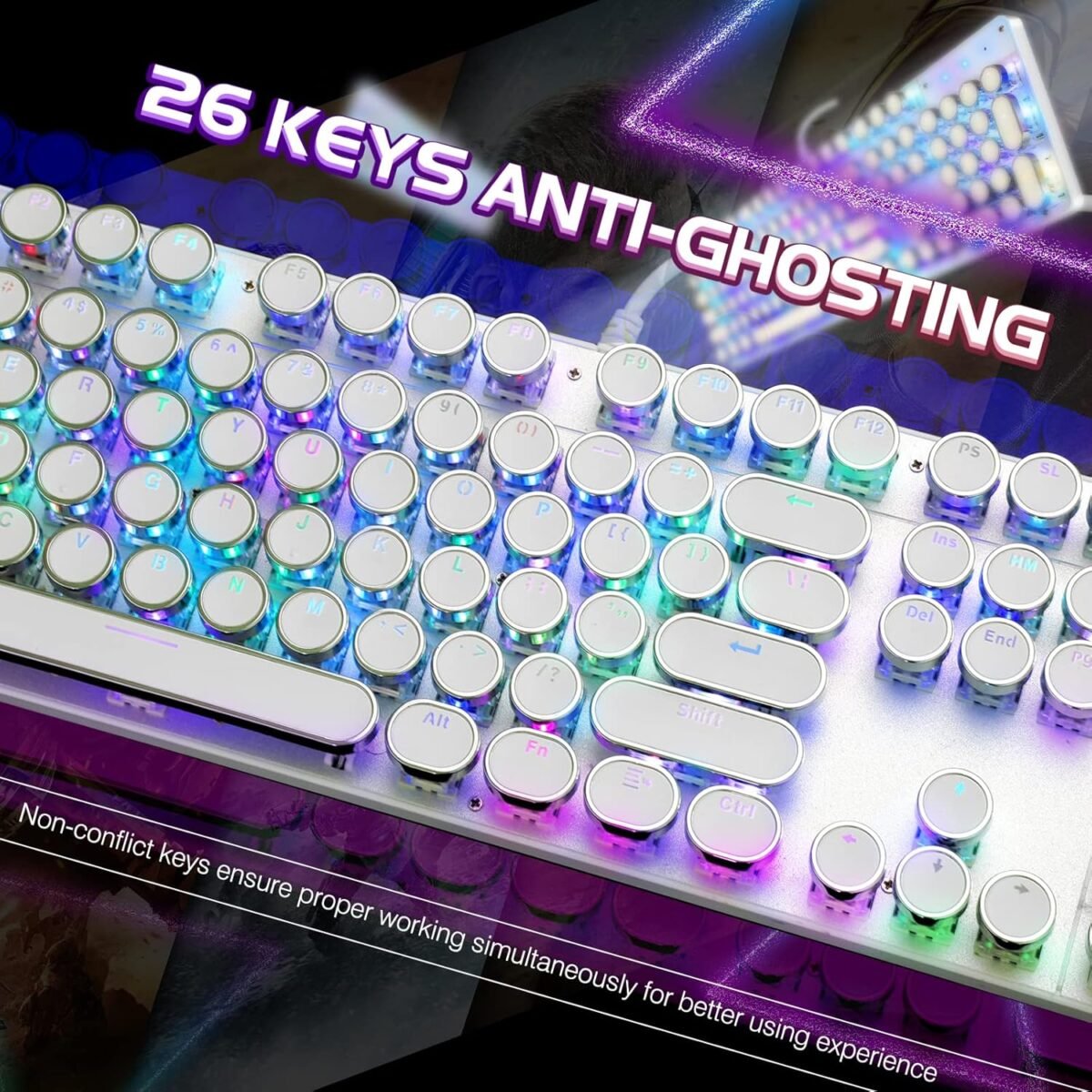 Typewriter Style Mechanical Gaming Keyboard RGB Backlit Wired with Blue Switch Retro Round Keycap 104 Keys Keyboard (White 104 Keys RGB) - Image 5