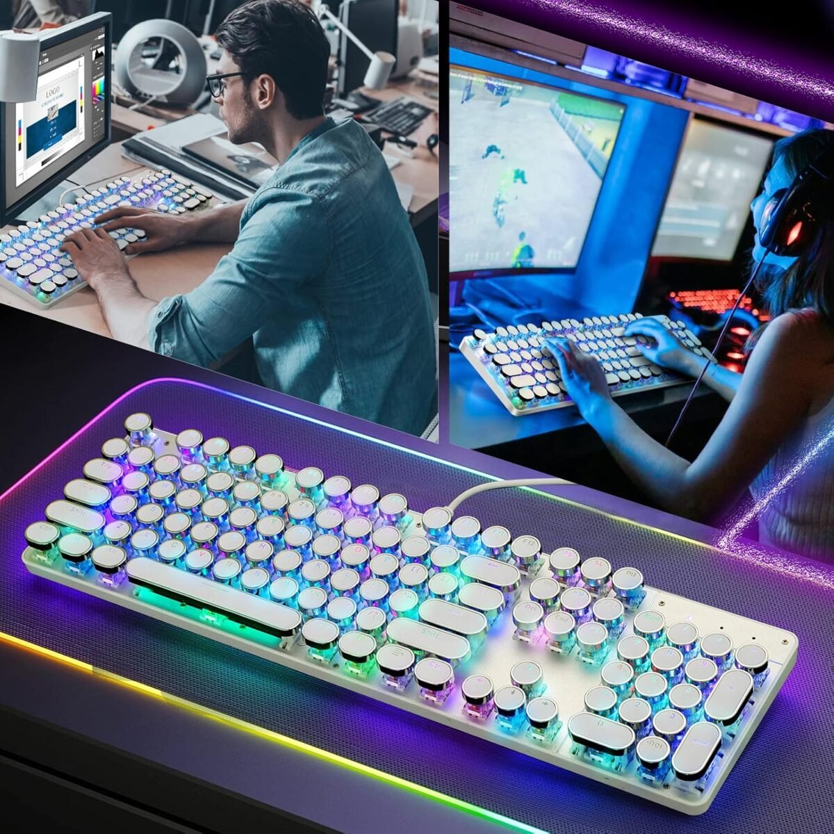 Typewriter Style Mechanical Gaming Keyboard RGB Backlit Wired with Blue Switch Retro Round Keycap 104 Keys Keyboard (White 104 Keys RGB) - Image 7