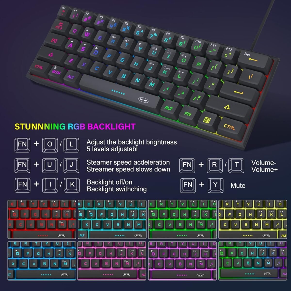 MageGee Mini 60% Gaming Keyboard, RGB Backlit 61 Key Ultra-Compact Keyboard, TS91 Ergonomic Waterproof Mechanical Feeling Office Computer Keyboards for PC, MAC, PS4, Xbox ONE Gamer(Black) - Image 4