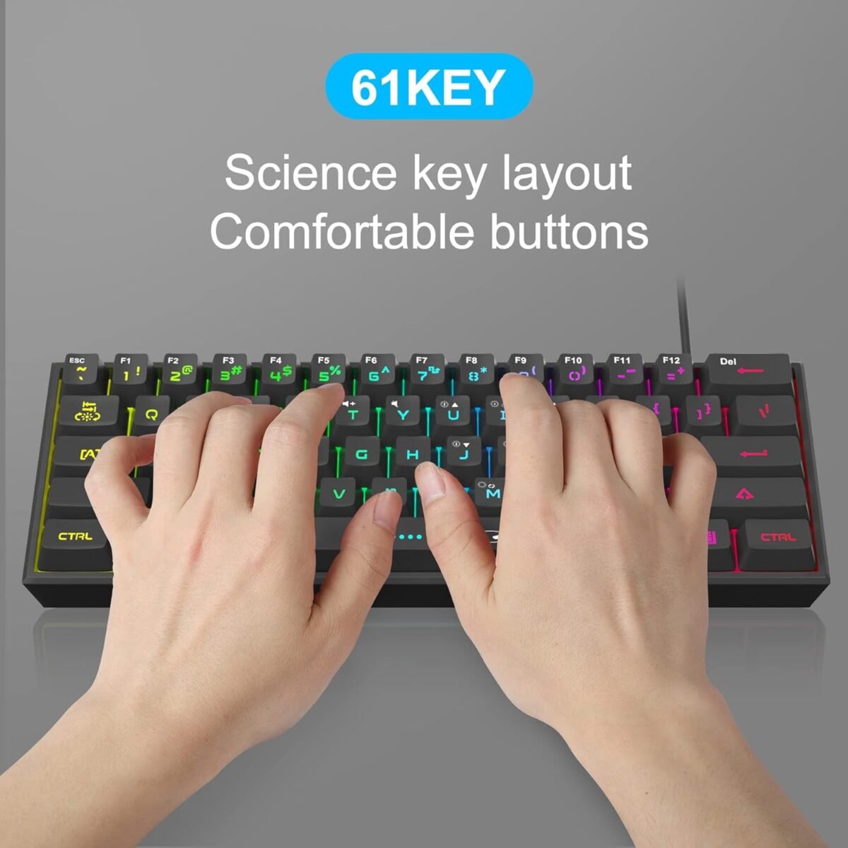 MageGee Mini 60% Gaming Keyboard, RGB Backlit 61 Key Ultra-Compact Keyboard, TS91 Ergonomic Waterproof Mechanical Feeling Office Computer Keyboards for PC, MAC, PS4, Xbox ONE Gamer(Black) - Image 8
