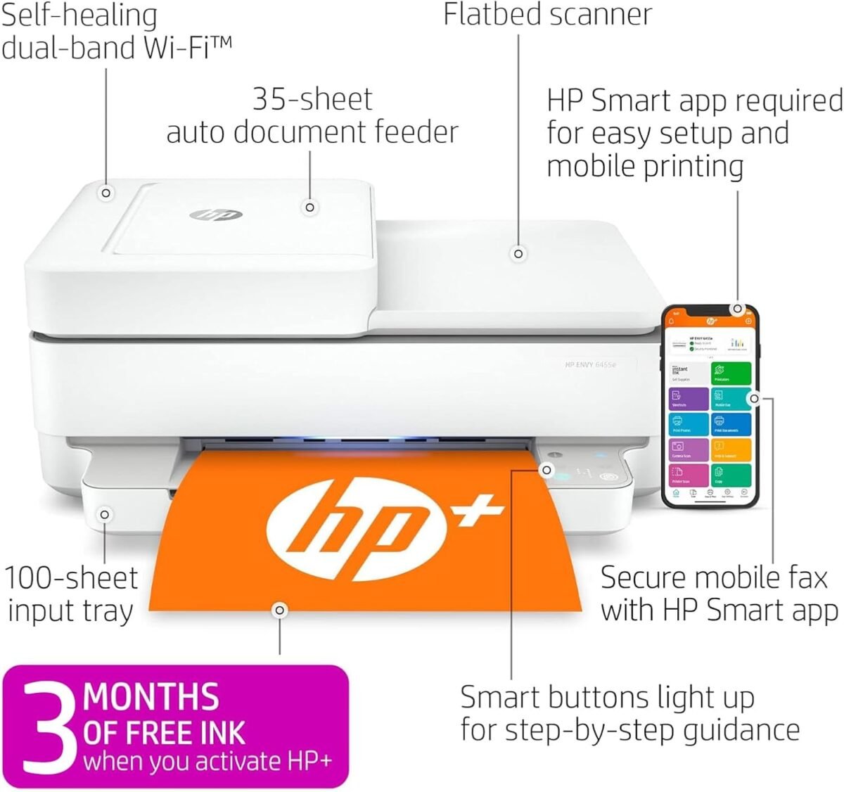 HP ENVY 6455e Wireless Color Inkjet Printer, Print, scan, copy, Easy setup, Mobile printing, Best-for-home, 3 month Instant Ink trial included, white - Image 3
