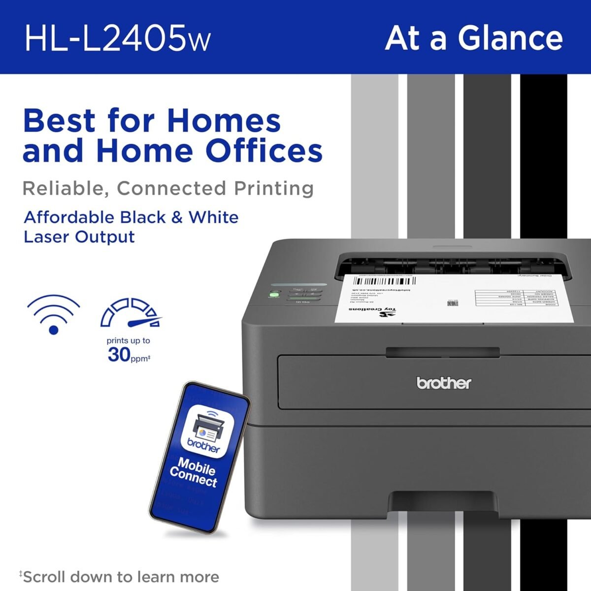 Brother HL-L2405W Wireless Compact Monochrome Laser Printer with Mobile Printing, Black & White Output | Includes Refresh Subscription Trial(1), Works with Alexa - Image 3
