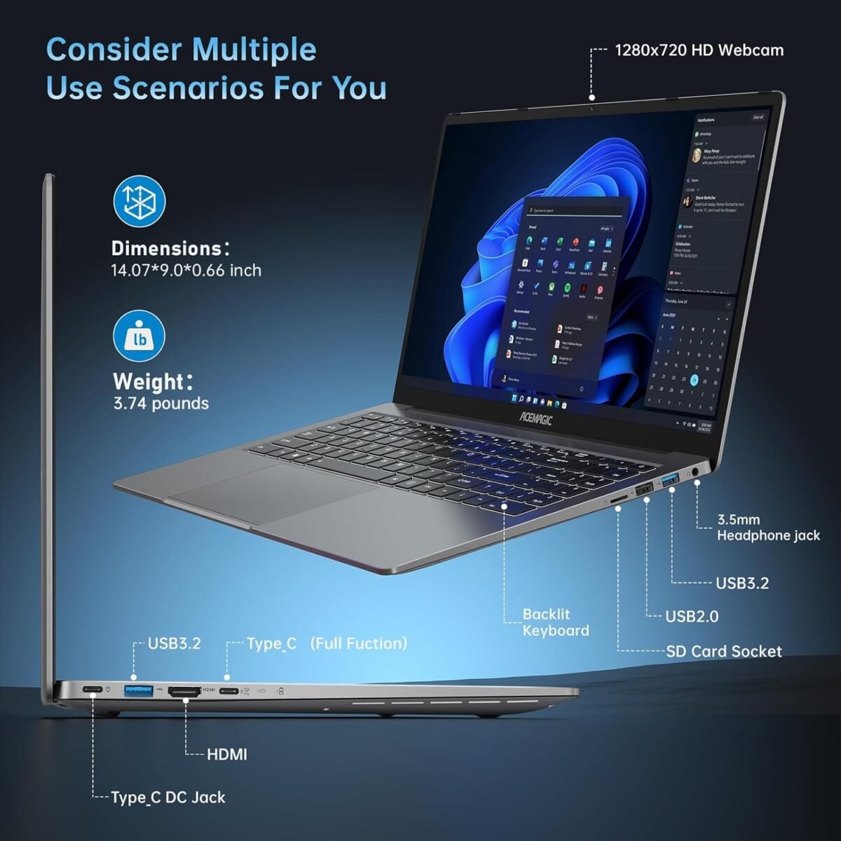 ACEMAGIC 2025 Gaming Laptop, 16.1inch Laptop Computer with AMD Ryzen 7 5000 Series(8C/16T, Up to 4.3GHz), 16GB RAM 512GB NVMe SSD Windows 11 Laptop, Radeon RX Vega 8 Graphics,WiFi 6, Backlit KB - Image 5