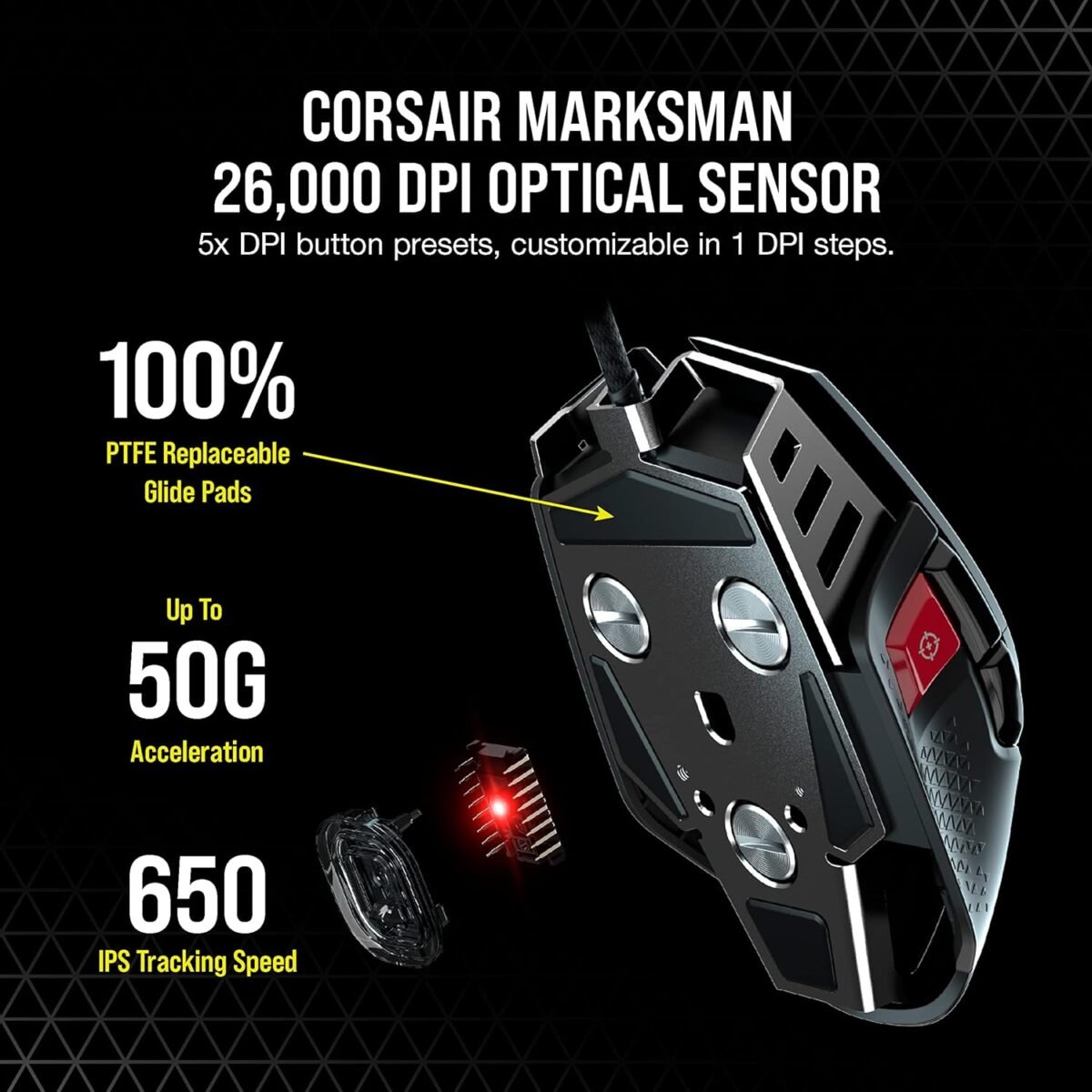 Corsair M65 RGB Ultra Tunable FPS Gaming Mouse Marksman 26,000 DPI Optical Sensor, Optical Switches, AXON Hyper-Processing Technology, Sensor Fusion Control, Tunable Weight System - Black - Image 5
