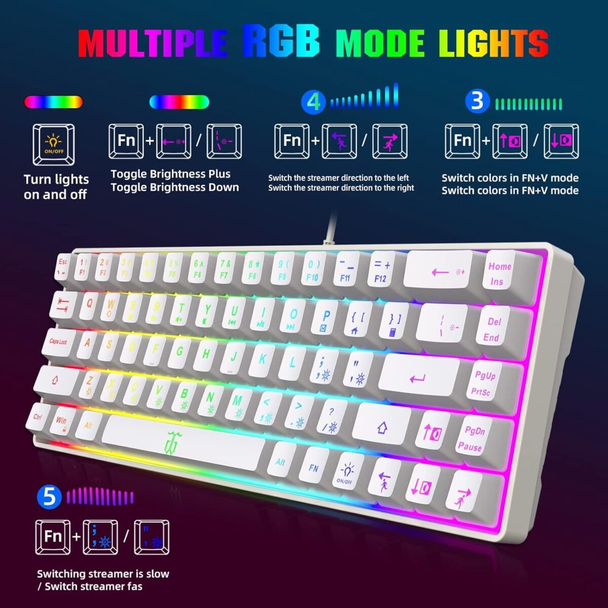 Snpurdiri 60% Percent Gaming Keyboard, Compact RGB Backlit Ergonomic Small Mini Keyboard for Windows, PC, Laptop, Gaming (68 Keys, White) - Image 8