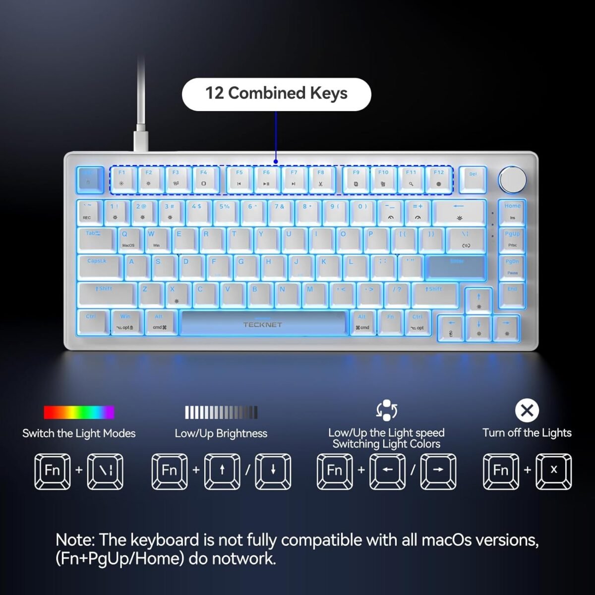 TECKNET Wired Gaming Keyboard, RGB Backlit Keyboards with Gasket Structure, USB C Mechanical Keyboard has 20 Lighting Effects & Multimedia Control Knob, Computer Keyboards for PC Laptop Mac Gamer - Image 4