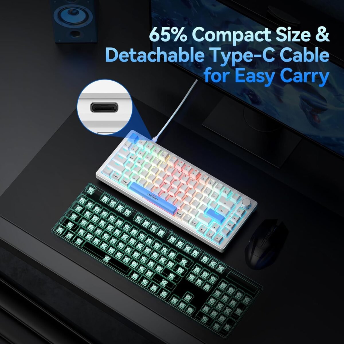 TECKNET Wired Gaming Keyboard, RGB Backlit Keyboards with Gasket Structure, USB C Mechanical Keyboard has 20 Lighting Effects & Multimedia Control Knob, Computer Keyboards for PC Laptop Mac Gamer - Image 6