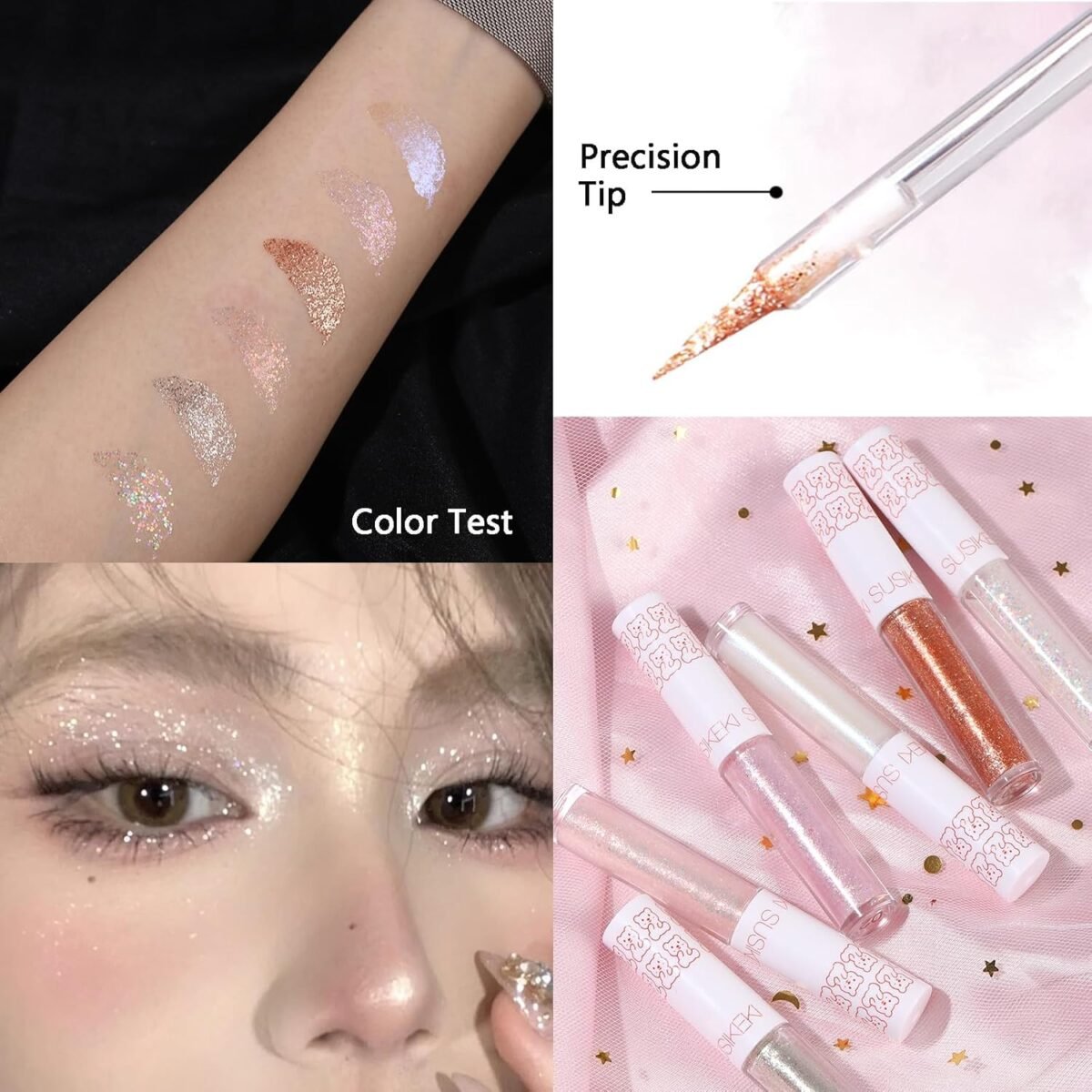 6Pcs Liquid Glitter Eyeshadow Eyeliner, Korean Makeup, Bling Under Eye Shadow, Shimmer Eye Make Up Valentine's Gift Set,Long Lasting,Quick Drying & Pigmented Loose Glitter Glue for Crystals Makeup - Image 3