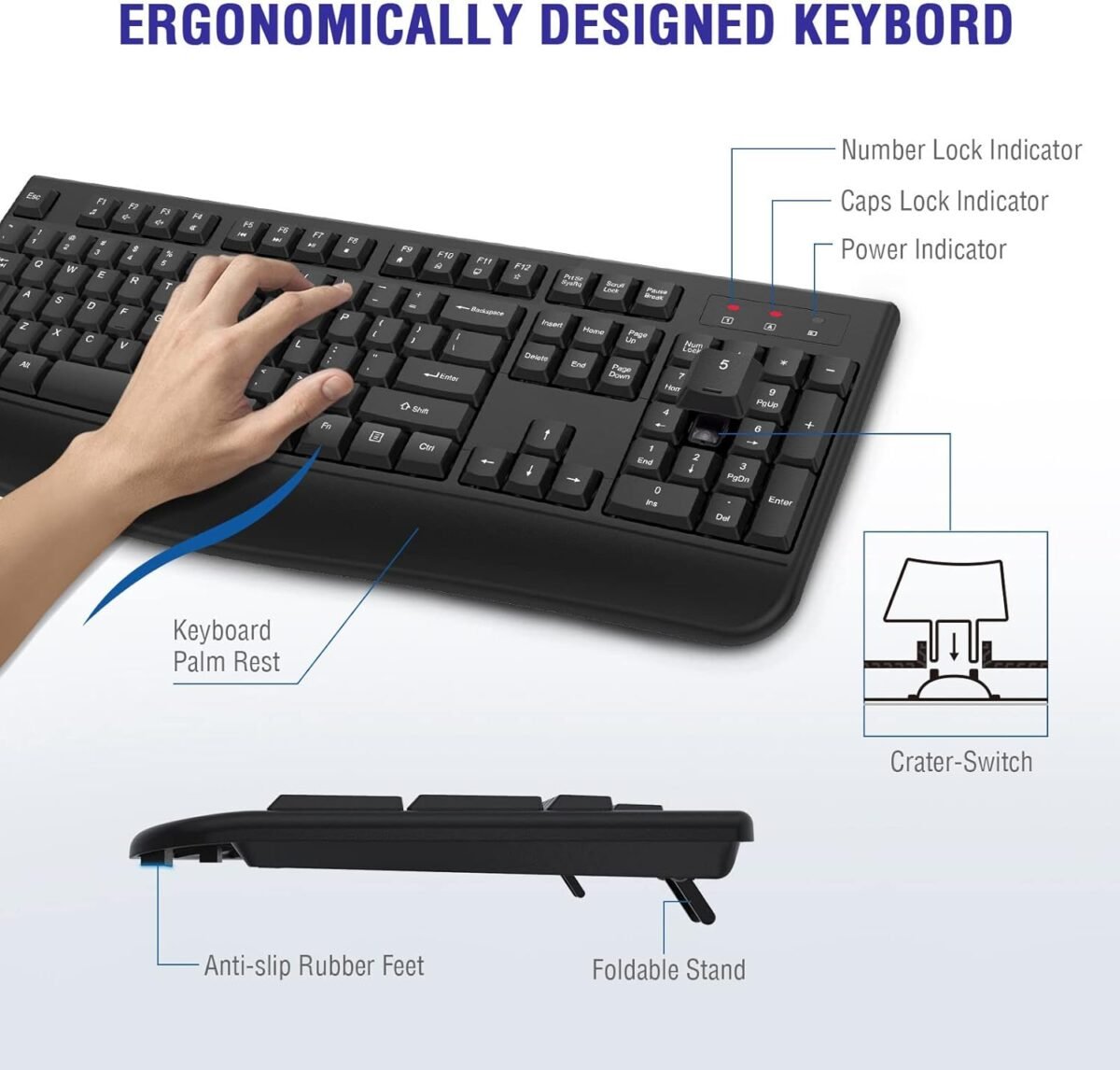 Wireless Keyboard, 2.4G Full-Sized Ergonomic Wireless Computer Keyboard with Wrist Rest for Windows, Mac OS Laptop/PC/Desktop/Notebook(Black) - Image 4