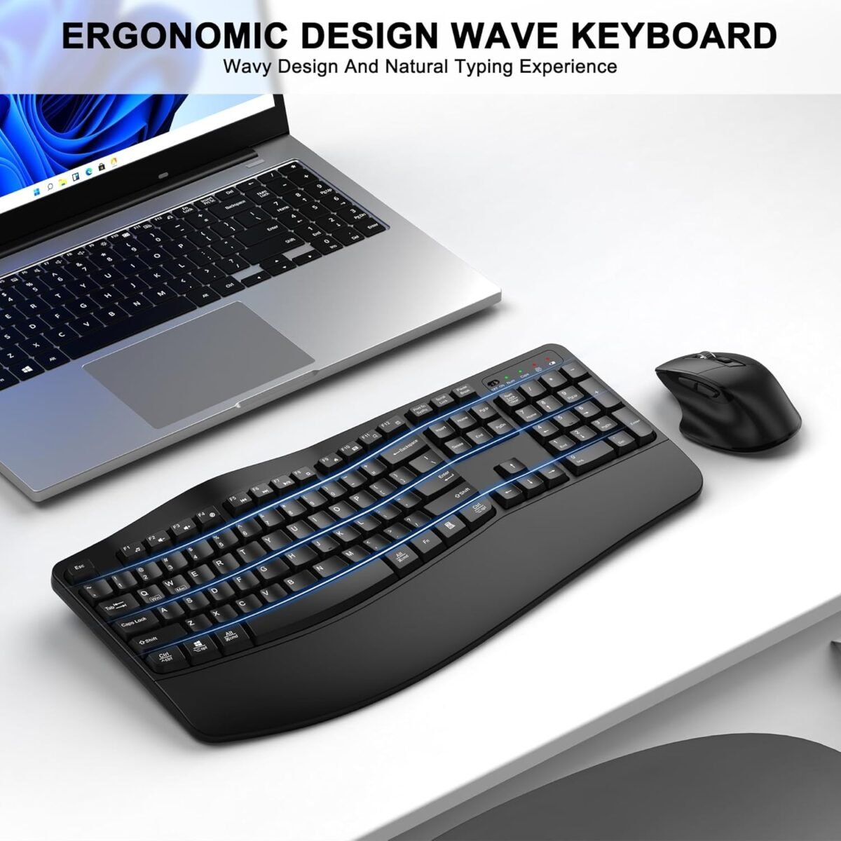 Wireless Keyboard and Mouse Combo, 2.4G Full Size Wave Keys Ergonomic Keyboard with Wrist Rest and 3-Level DPI Adjustable Wireless Ergonomic Mouse for Windows, Mac OS Desktop/Laptop/PC(Black) - Image 3