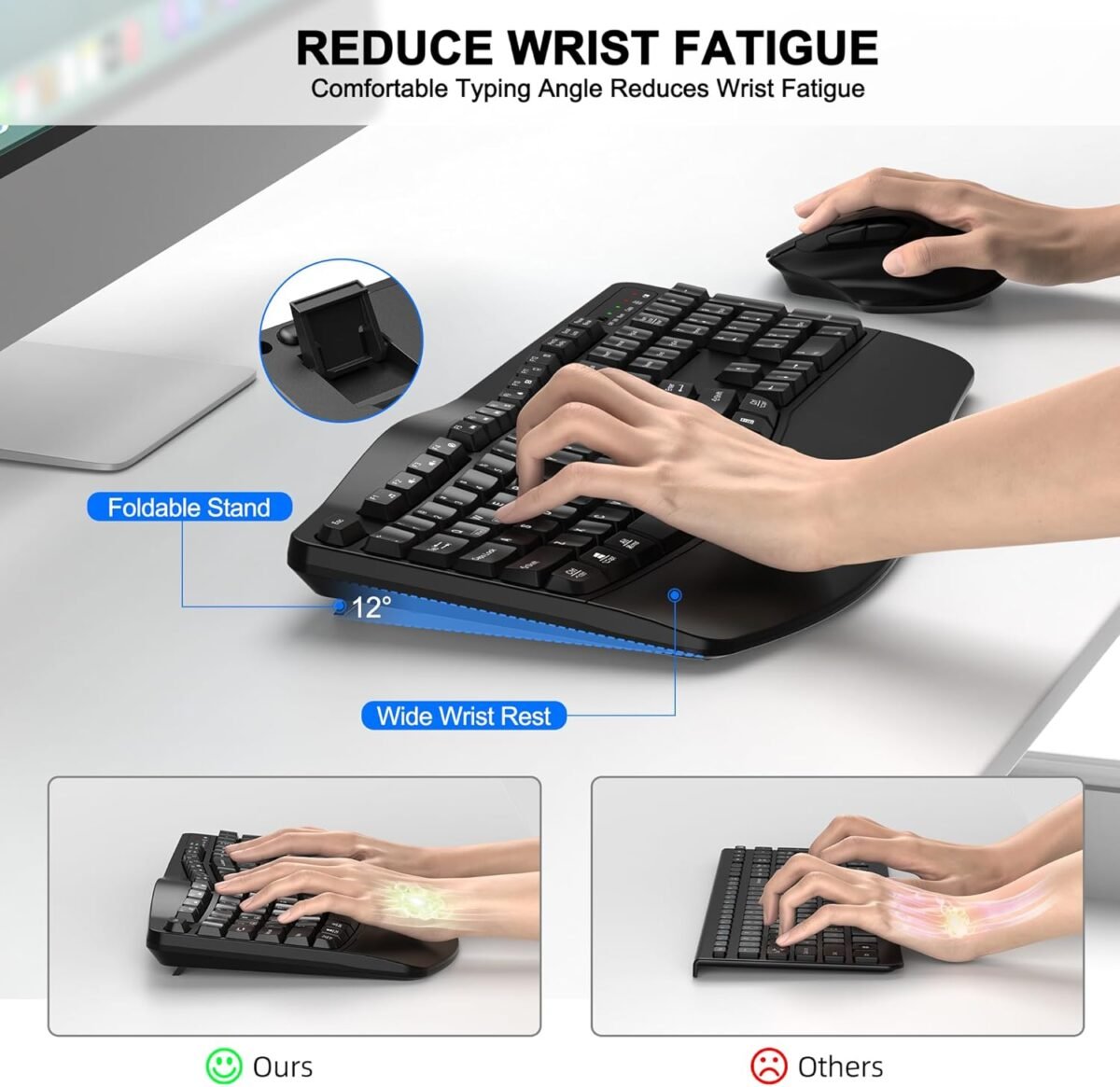 Wireless Keyboard and Mouse Combo, 2.4G Full Size Wave Keys Ergonomic Keyboard with Wrist Rest and 3-Level DPI Adjustable Wireless Ergonomic Mouse for Windows, Mac OS Desktop/Laptop/PC(Black) - Image 4