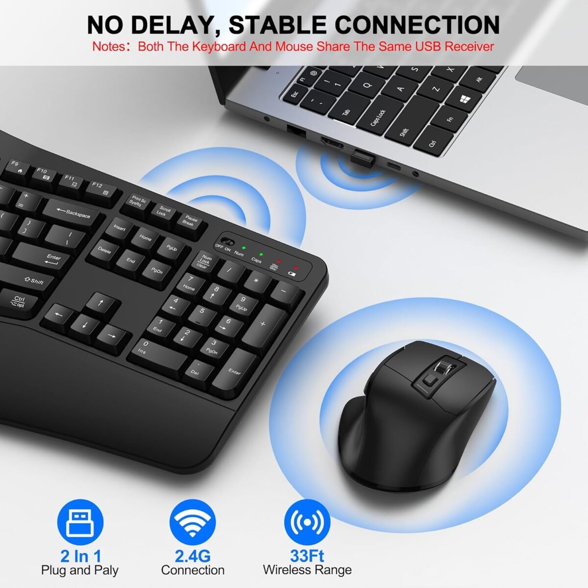 Wireless Keyboard and Mouse Combo, 2.4G Full Size Wave Keys Ergonomic Keyboard with Wrist Rest and 3-Level DPI Adjustable Wireless Ergonomic Mouse for Windows, Mac OS Desktop/Laptop/PC(Black) - Image 6