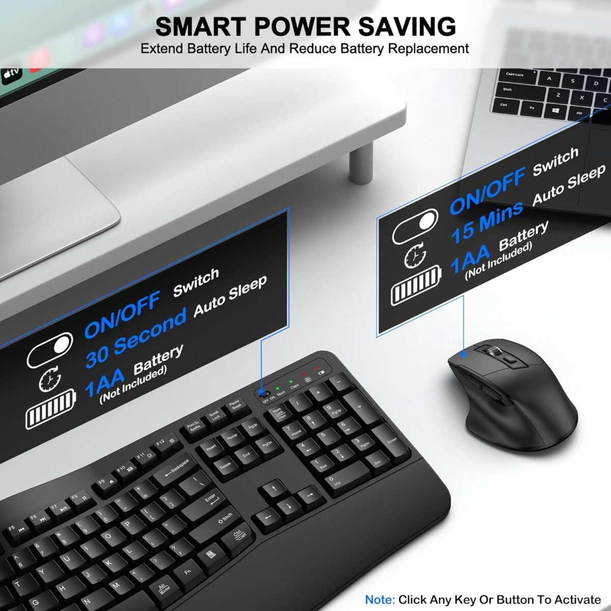 Wireless Keyboard and Mouse Combo, 2.4G Full Size Wave Keys Ergonomic Keyboard with Wrist Rest and 3-Level DPI Adjustable Wireless Ergonomic Mouse for Windows, Mac OS Desktop/Laptop/PC(Black) - Image 7