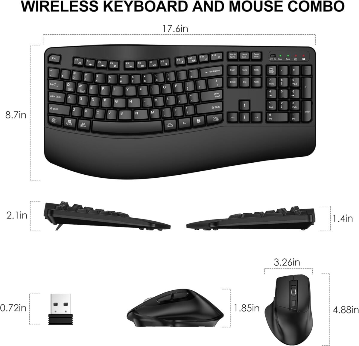 Wireless Keyboard and Mouse Combo, 2.4G Full Size Wave Keys Ergonomic Keyboard with Wrist Rest and 3-Level DPI Adjustable Wireless Ergonomic Mouse for Windows, Mac OS Desktop/Laptop/PC(Black) - Image 8