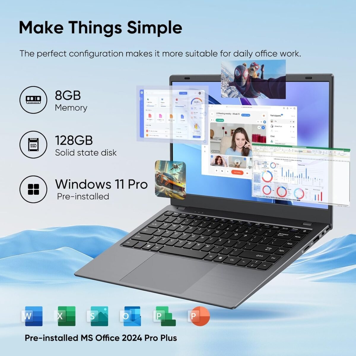 14.1" Windows 11 Pro Laptop Computer 8GB RAM 128GB SSD, Intel Celeron N5095(4C4T, up to 2.9Ghz) IPS Display, HDMI, Dual Band WiFi, BT5.0 Light and Thin Notebook PC for Work, School Student - Image 4