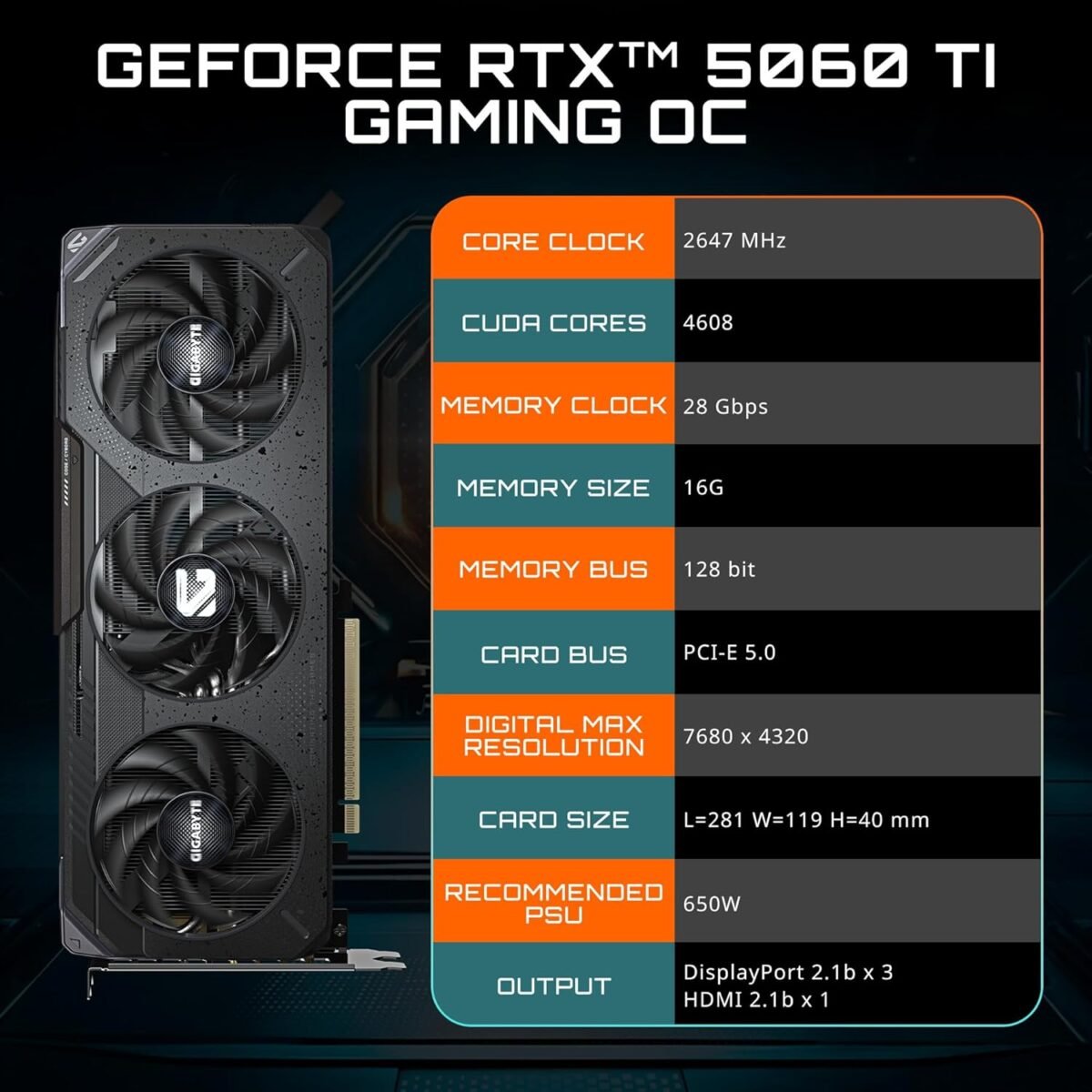 GIGABYTE GeForce RTX 5060 Ti Gaming OC 16G Graphics Card, 16GB 128-bit GDDR7, PCIe 5.0, WINDFORCE Cooling System, GV-N506TGAMING OC-16GD Video Card - Image 3