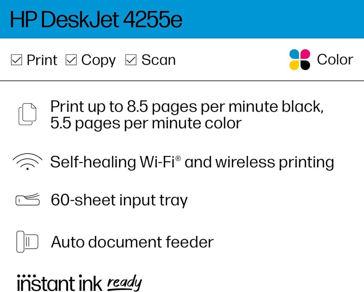 HP DeskJet 4255e Wireless All-in-One Color Inkjet Printer, Scanner, Copier, Best-for-Home, 3 Month Instant Ink Trial Included (588S6A) - Image 3