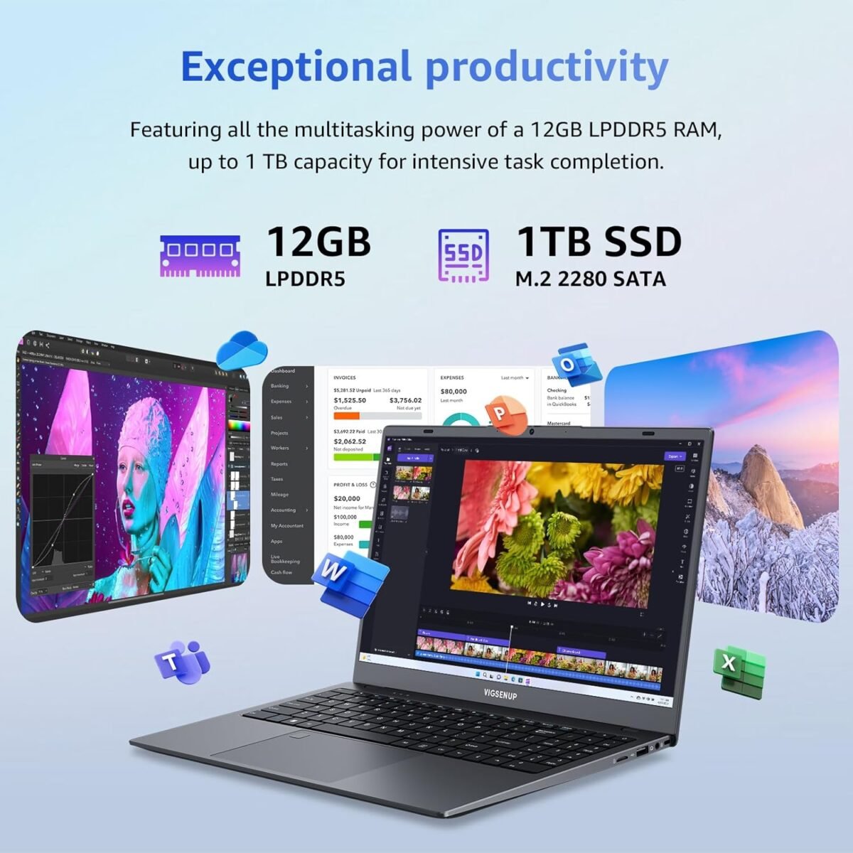 Laptop, 12GB LPDDR5 RAM 1TB SSD, 15.6 Inch Laptop Computer, Win11 Pro, N95 Quad Core Processor, Up to 3.4GHz, Preinstall Office Pro Plus 2024, WiFi 5, BT 5.0, USB-C, Fingerprint,Gray - Image 3