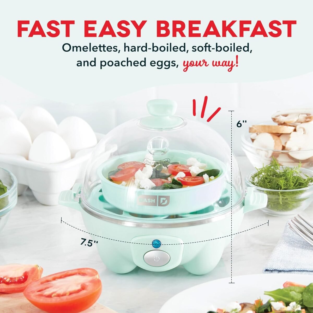 DASH Rapid Egg Cooker: 6 Egg Capacity Electric Egg Cooker for Hard Boiled Eggs, Poached Eggs, Scrambled Eggs, or Omelets with Auto Shut Off Feature - Aqua, 5.5 Inch (DEC005AQ) - Image 3