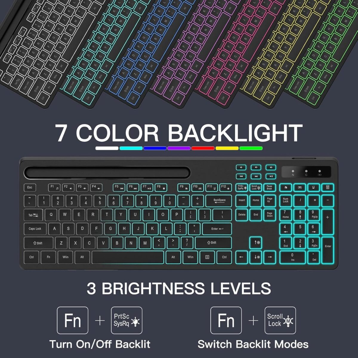 Wireless Keyboard with 7-Color RGB Backlit, Full-Size Computer Keyboard with Phone Tablet Holder, 2.4G Rechargeable Gaming Keyboard with Light Up Keys, Compatible with Mac, Windows (Black) - Image 3