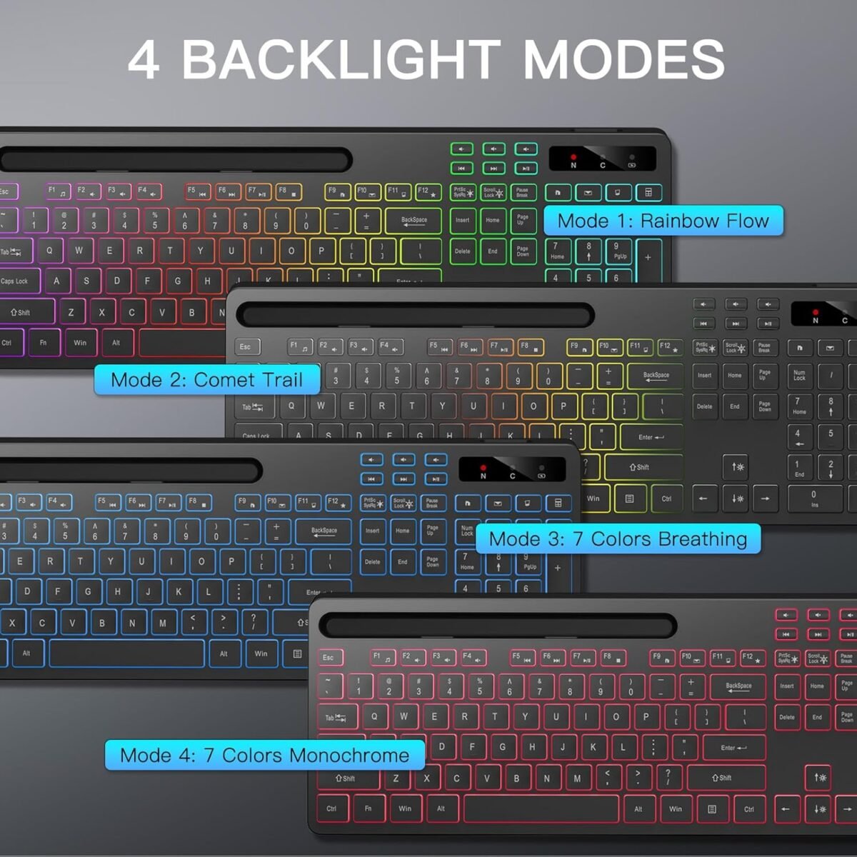 Wireless Keyboard with 7-Color RGB Backlit, Full-Size Computer Keyboard with Phone Tablet Holder, 2.4G Rechargeable Gaming Keyboard with Light Up Keys, Compatible with Mac, Windows (Black) - Image 4
