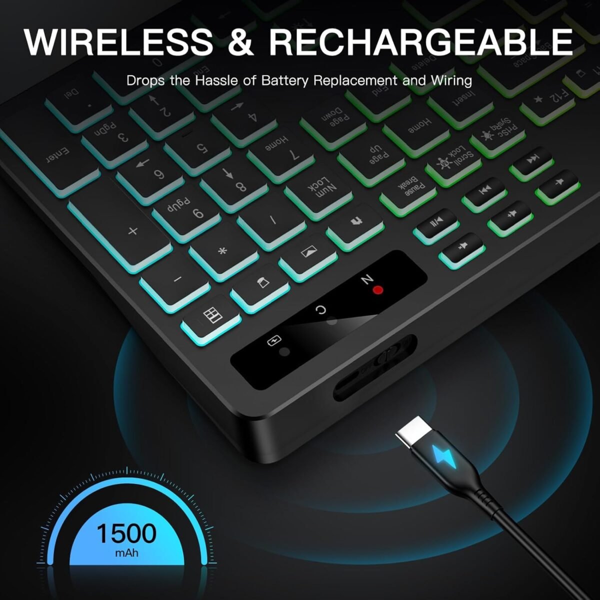 Wireless Keyboard with 7-Color RGB Backlit, Full-Size Computer Keyboard with Phone Tablet Holder, 2.4G Rechargeable Gaming Keyboard with Light Up Keys, Compatible with Mac, Windows (Black) - Image 7