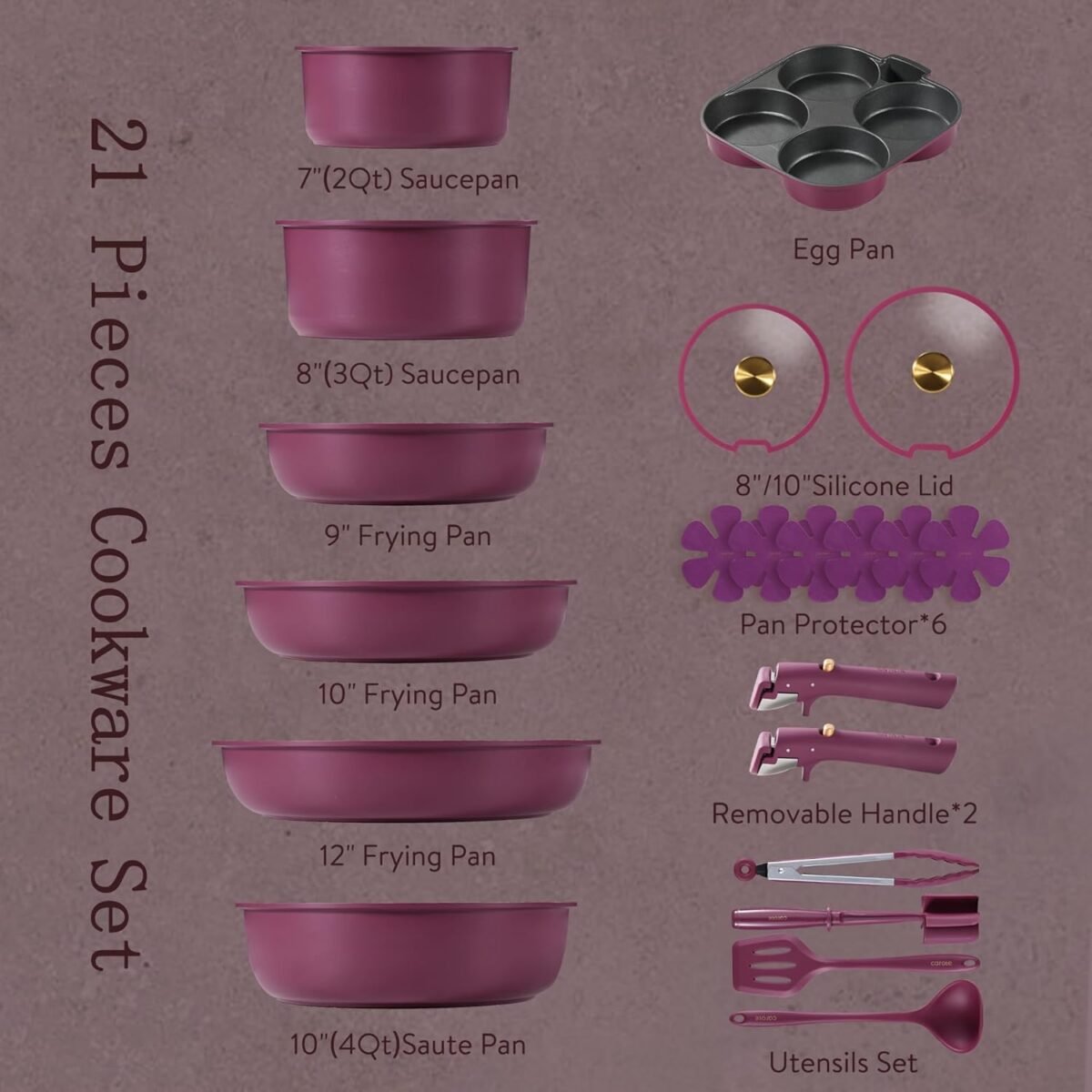 CAROTE 21pcs Pots and Pans Set, Nonstick Cookware Set Detachable Handle, Induction Kitchen Cookware Sets Non Stick with Removable Handle, RV Cookware Set, Gold and Purple - Image 3