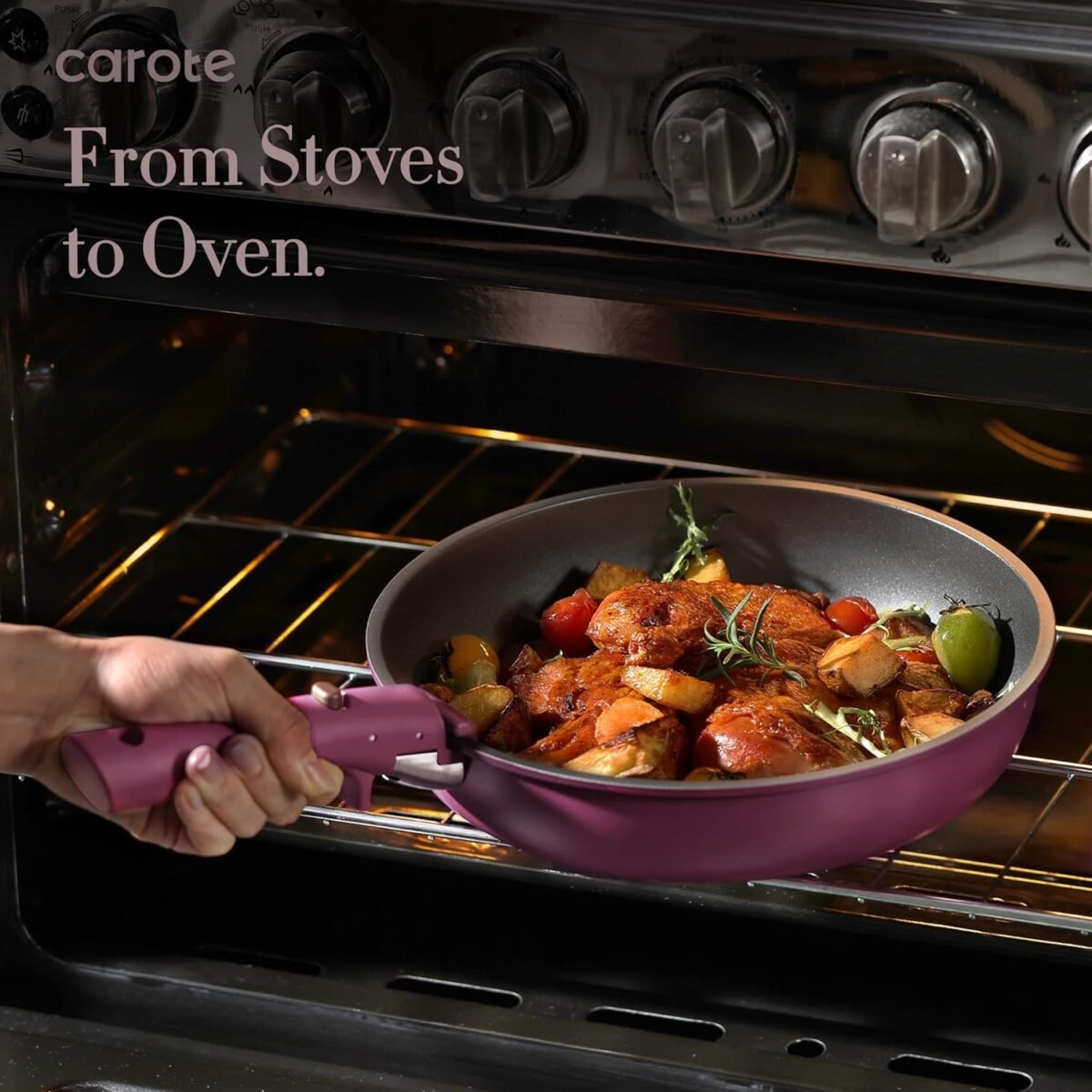 CAROTE 21pcs Pots and Pans Set, Nonstick Cookware Set Detachable Handle, Induction Kitchen Cookware Sets Non Stick with Removable Handle, RV Cookware Set, Gold and Purple - Image 6