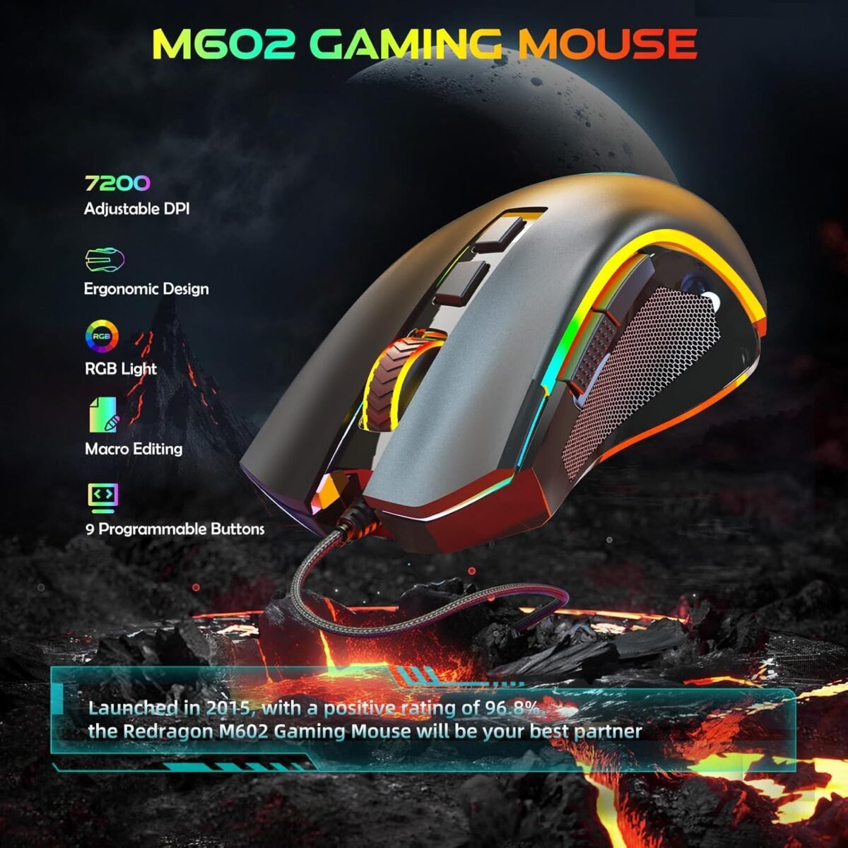 Redragon M602 Gaming Mouse, Ergonomic RGB Gaming Mouse Wired with 7200 Adjustable DPI, 9 Programmable Buttons, Professional Software for Gamer Office [Black] - Image 3