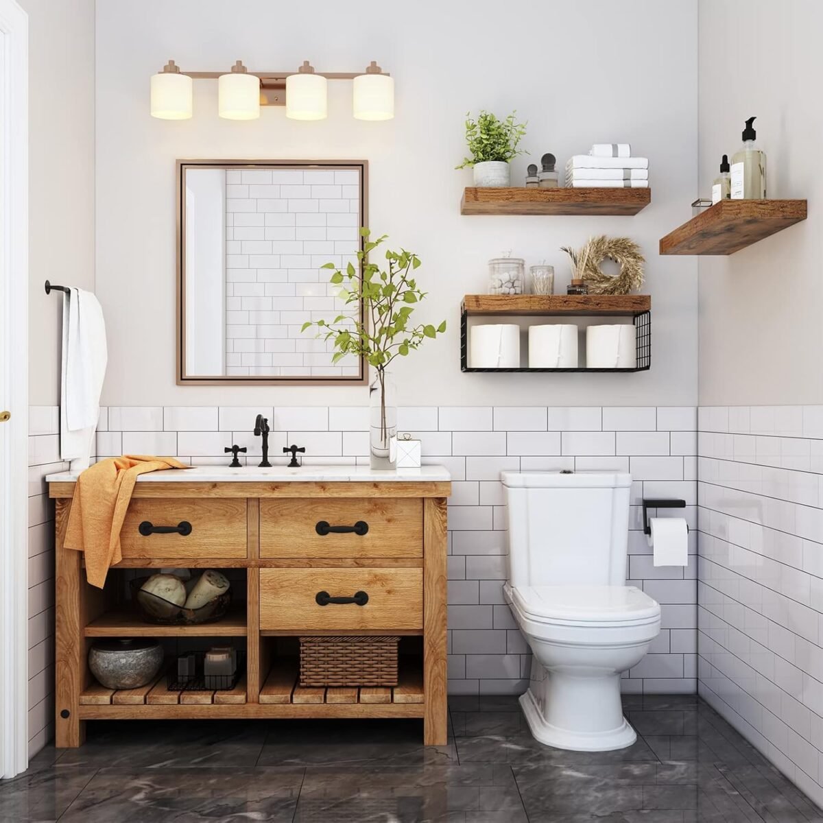 QEEIG Bathroom Shelves Over Toilet - Wall Mounted Floating Shelves Toilet Paper Storage Small Farmhouse Decor Shelf 16 inch Set of 3, Rustic Brown (019-BN3) - Image 3