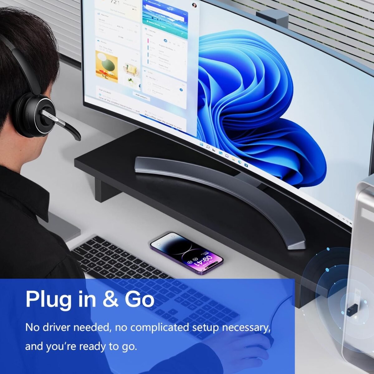 Bluetooth Headset, Wireless Headset with Microphone for PC, V5.2 Computer Headset with Noise Cancelling Mic, USB Dongle, Charging Base & Mute Button for Work, Cell Phones, Computer (Black) - Image 4