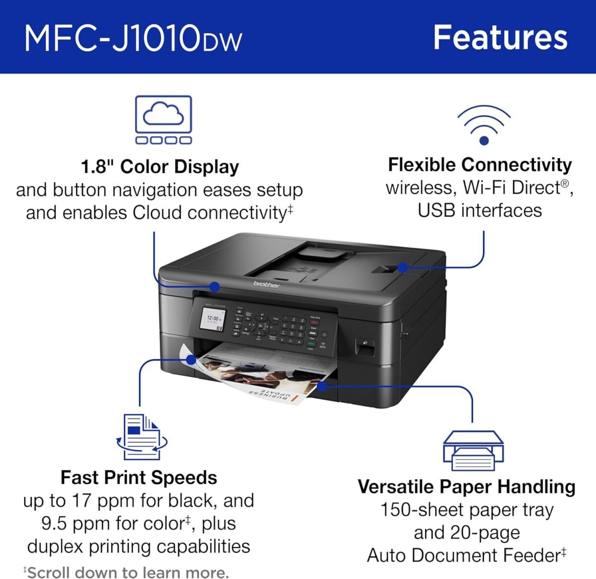 Brother MFC-J1010DW Wireless Color Inkjet All-in-One Printer, Duplex Printing, Mobile & Cloud Print, Compact Design, 1.8" Color Display, Works with Alexa - Image 4