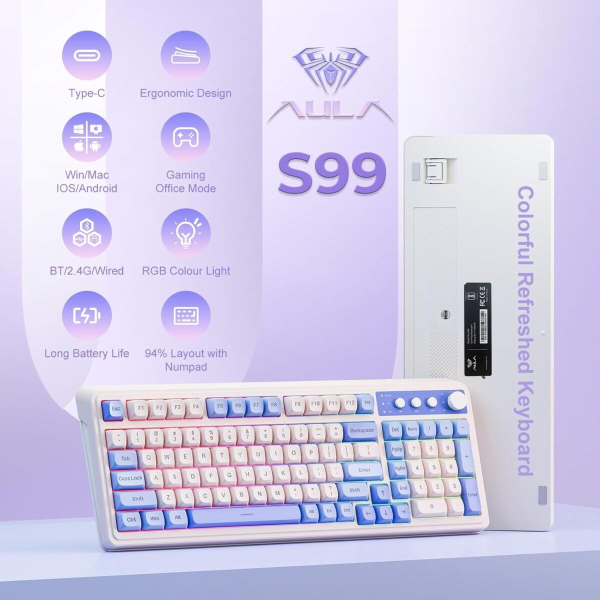 AULA 99 Key Keyboard, Tri-Mode Bluetooth/2.4GHz/USB-C Cute Creamy Gaming Keyboard with Number Pad RGB Backlit, Media Knob Custom Mechanical Feel Computer Keyboards for MAC Xbox PC Gamer - Purple - Image 3