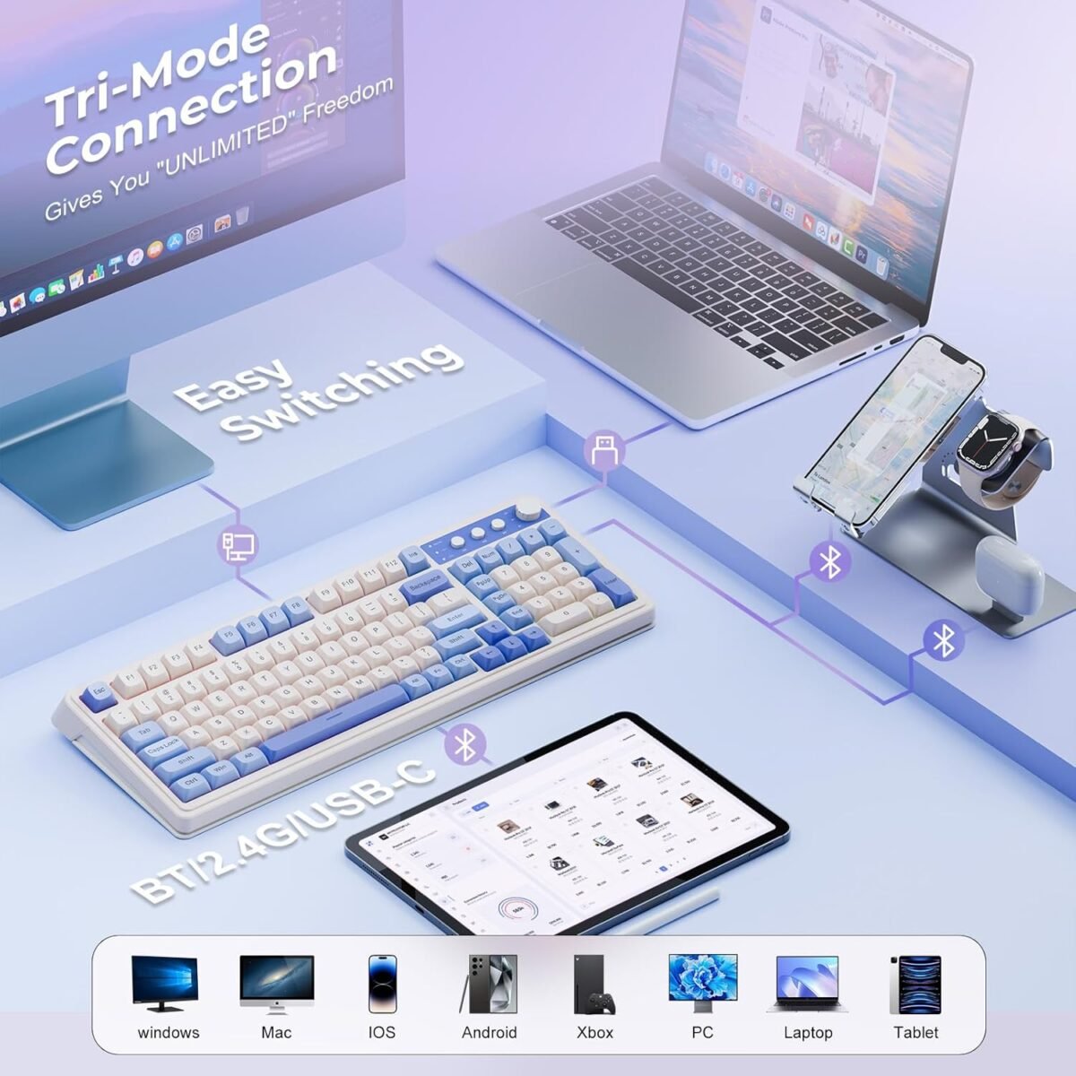 AULA 99 Key Keyboard, Tri-Mode Bluetooth/2.4GHz/USB-C Cute Creamy Gaming Keyboard with Number Pad RGB Backlit, Media Knob Custom Mechanical Feel Computer Keyboards for MAC Xbox PC Gamer - Purple - Image 4