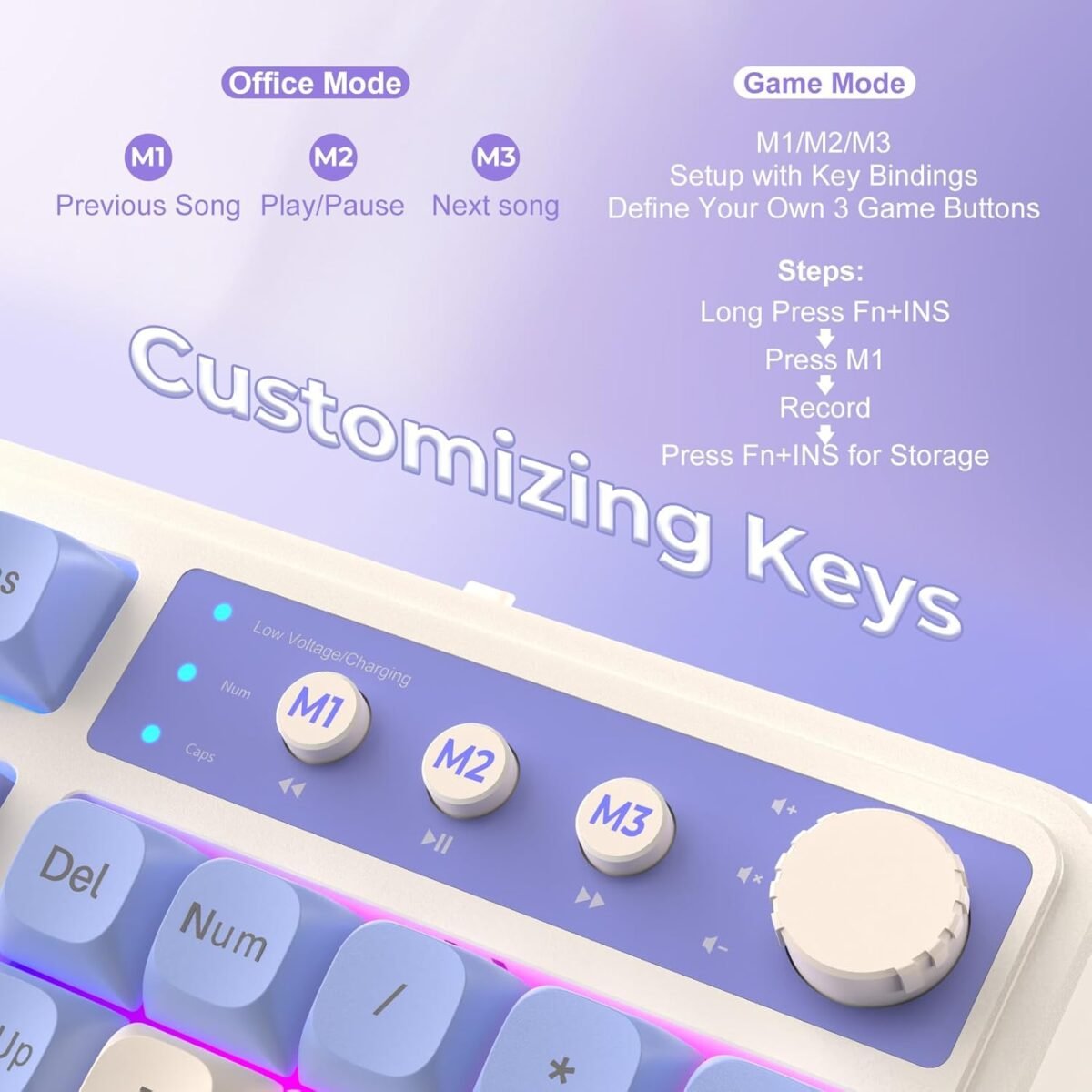 AULA 99 Key Keyboard, Tri-Mode Bluetooth/2.4GHz/USB-C Cute Creamy Gaming Keyboard with Number Pad RGB Backlit, Media Knob Custom Mechanical Feel Computer Keyboards for MAC Xbox PC Gamer - Purple - Image 5