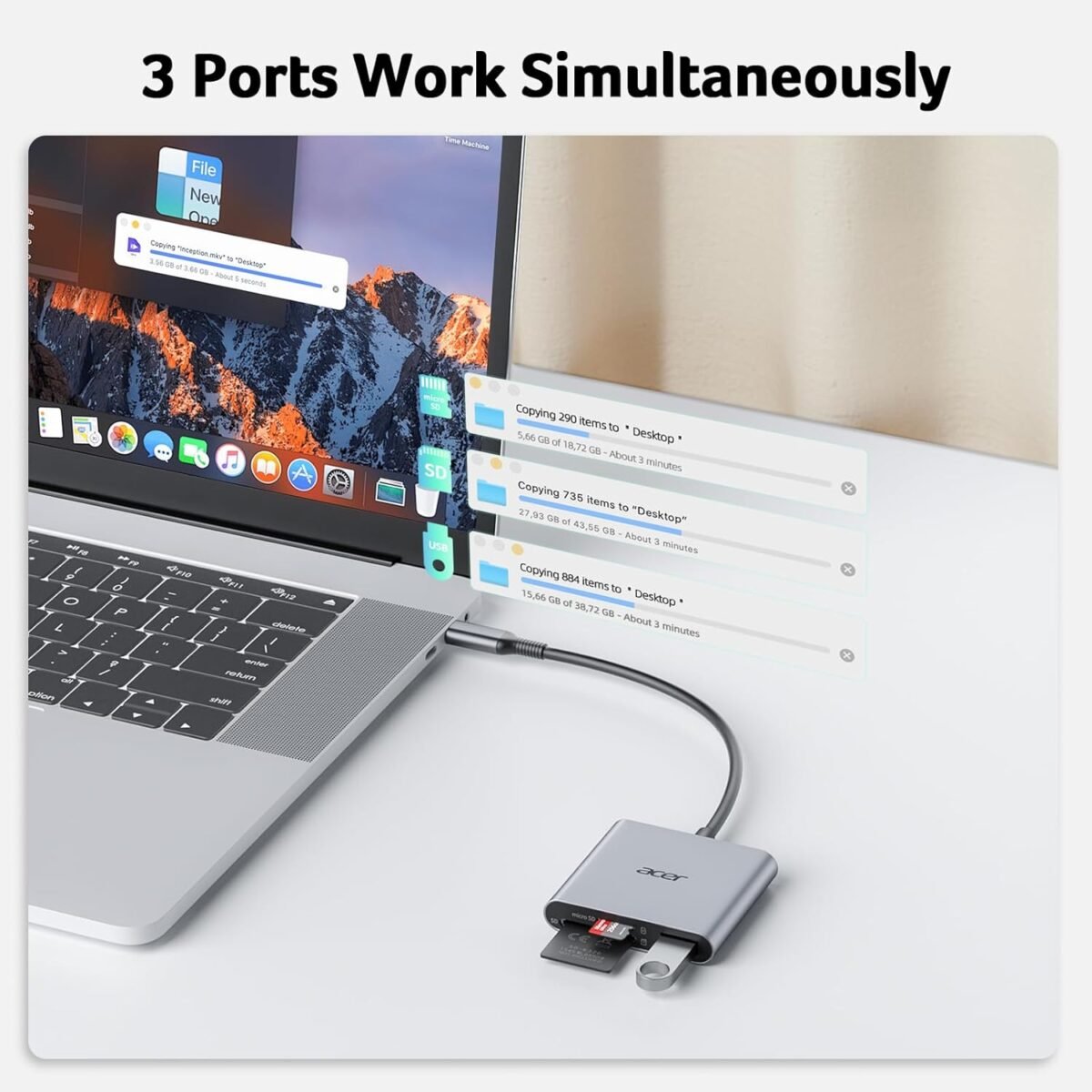 Acer SD Card Reader USB C, 3 in 1 Memory Card Reader with Dual Slots & USB 3.0, Micro SD Card Adapter for iPhone 16/15 Compatible with Camera, Android, MacBook Pro/Air, Laptop - Image 4