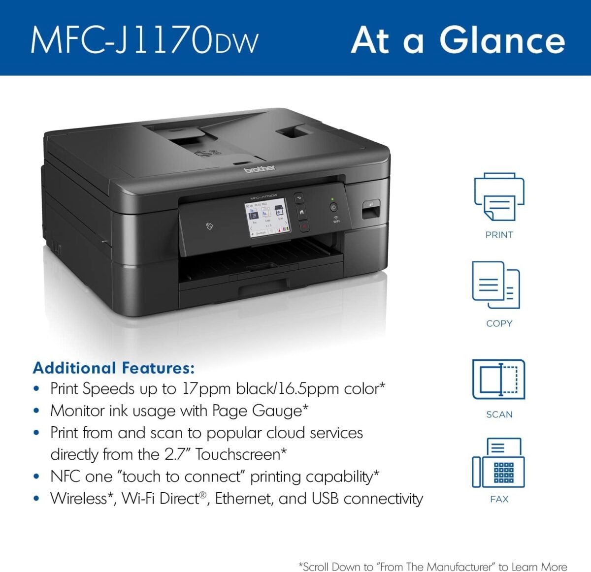 Brother MFC-J1170DW Wireless Color Inkjet All-in-One Printer, NFC One-Touch Print, Duplex, Cloud Print & Scan, Mobile App Control, 2.7" Touchscreen, Works with Alexa - Image 3