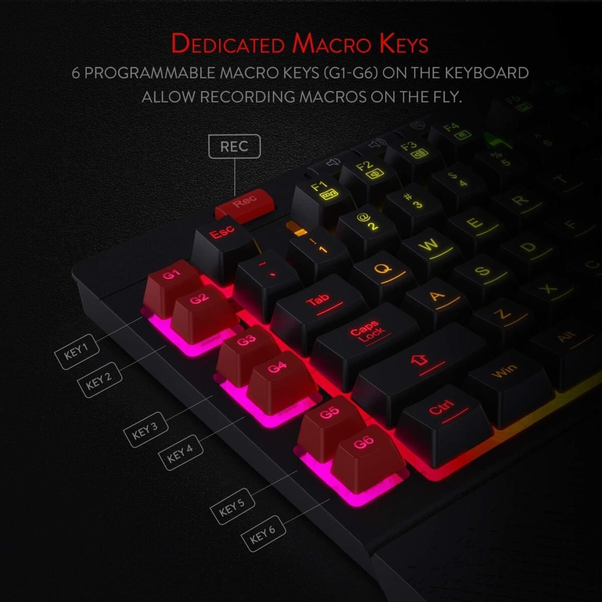 Redragon K512 Shiva RGB Backlit Membrane Gaming Keyboard with Multimedia Keys, Linear Mechanical-Feel Switch, 6 Extra On-Board Macro Keys, Dedicated Media Control, Detachable Wrist Rest - Image 3