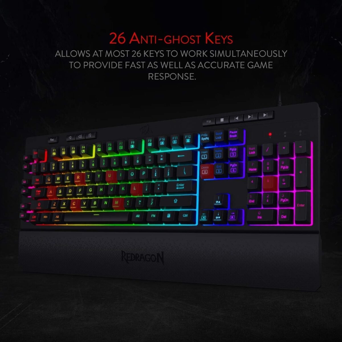 Redragon K512 Shiva RGB Backlit Membrane Gaming Keyboard with Multimedia Keys, Linear Mechanical-Feel Switch, 6 Extra On-Board Macro Keys, Dedicated Media Control, Detachable Wrist Rest - Image 7