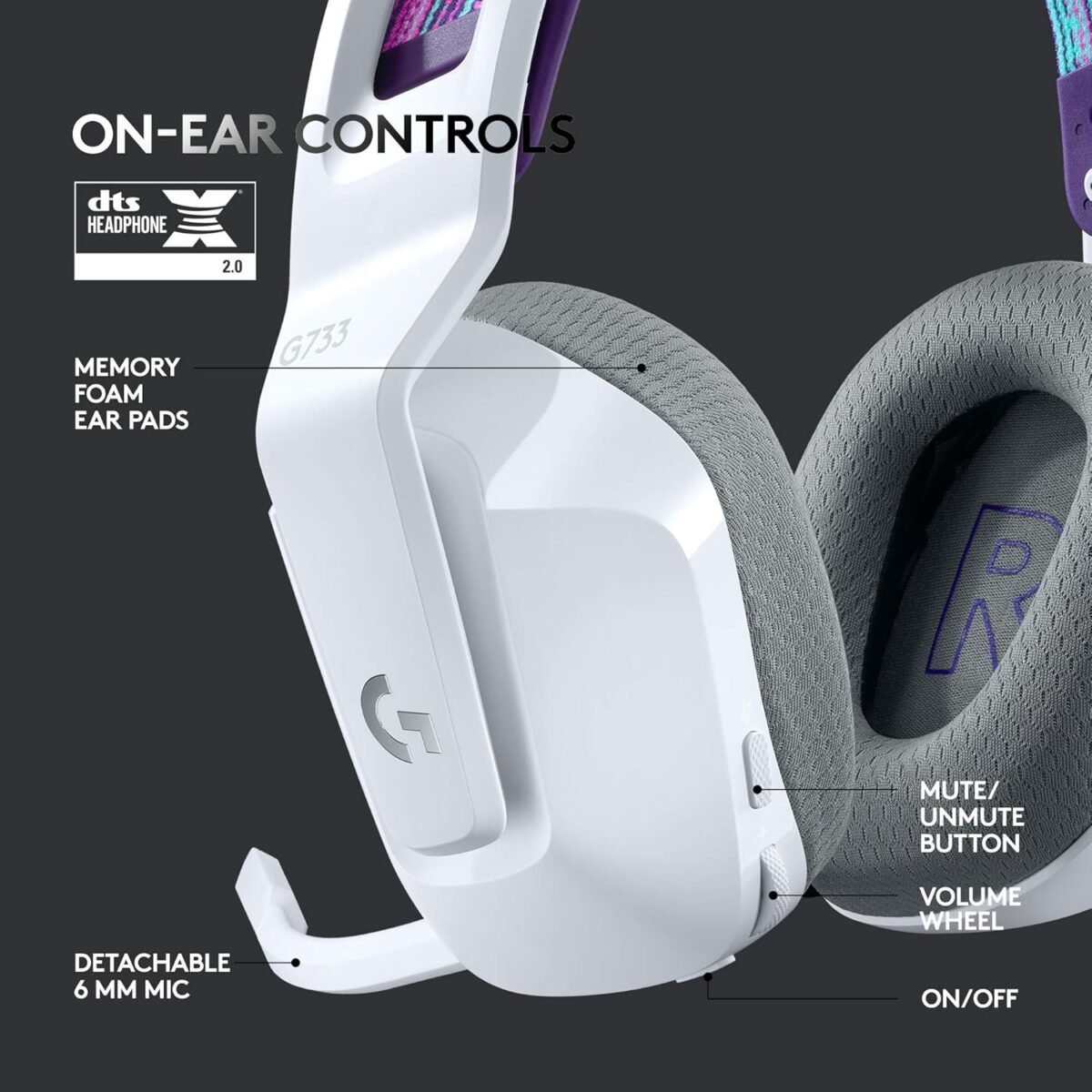 Logitech G733 Lightspeed Wireless Gaming Headset, Suspension Headband, Lightsync RGB, Blue VO!CE Mic, PRO-G Audio – White, Gaming Headset Wireless, PC, PS5, PS4, Switch Compatible - Image 6