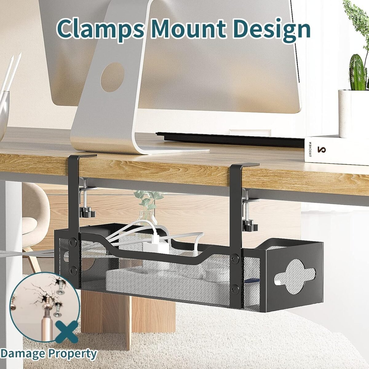Under Desk Cable Management Tray No Drill, Metal Mesh Cable Management Under Desk with Clamp Mount, 2 Hole Cable Tray with Wire Management and Cord Organizer for Home Office Standing Desk - Image 3