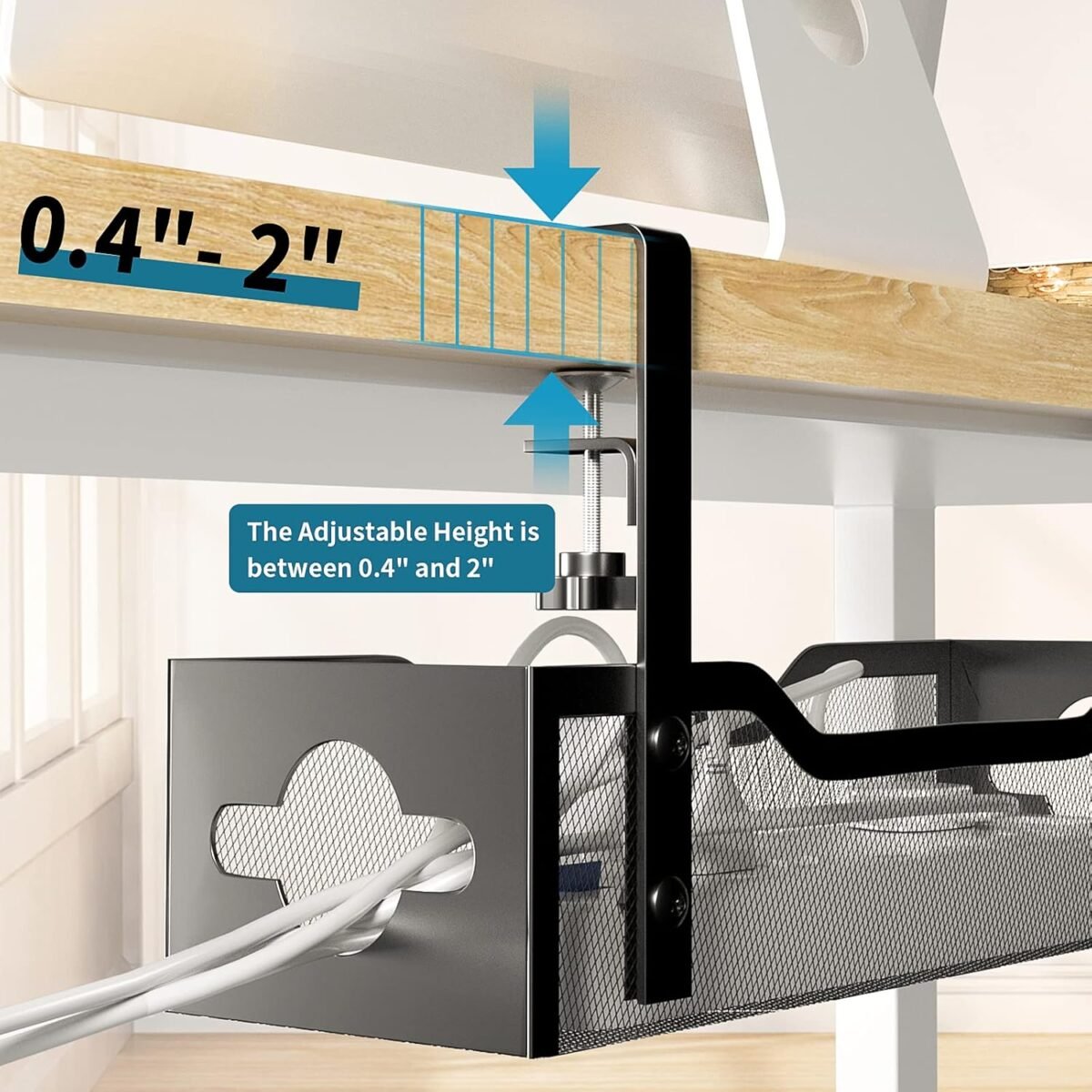 Under Desk Cable Management Tray No Drill, Metal Mesh Cable Management Under Desk with Clamp Mount, 2 Hole Cable Tray with Wire Management and Cord Organizer for Home Office Standing Desk - Image 4